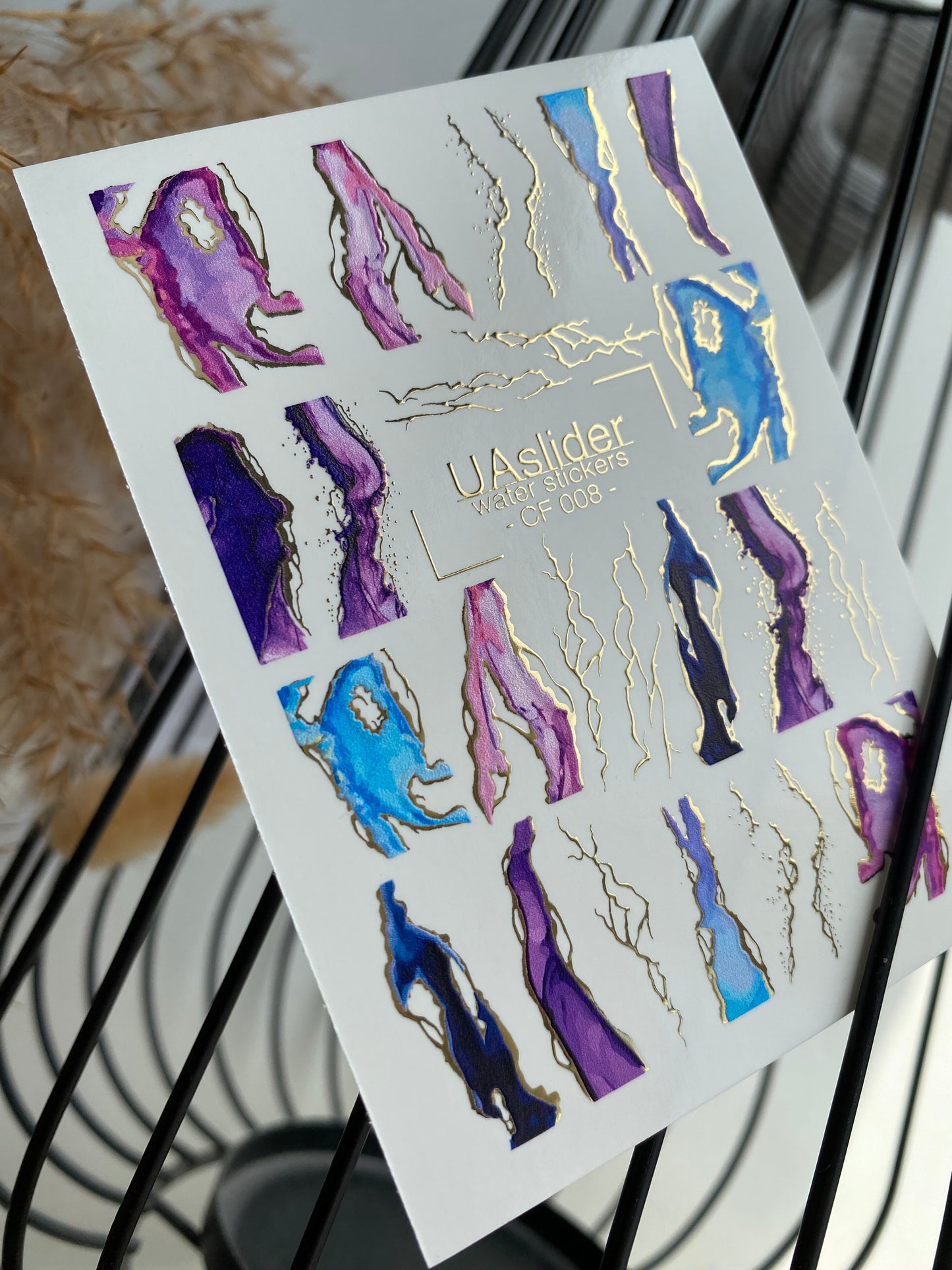 Nail Water Decal CF-008 | Marble Water Slide Nail Decals, Purple and Blue Textures with Gold Foil Veins