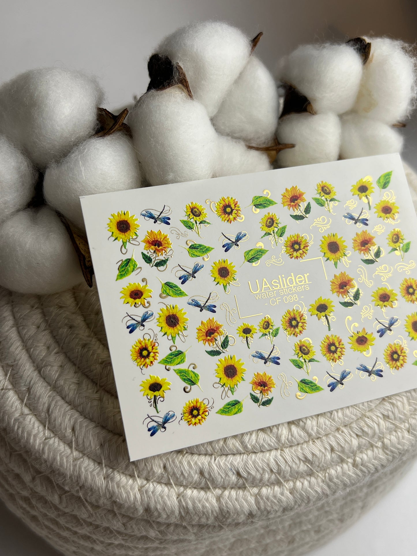 네일 워터 데칼 CF-098 | 플로랄 워터 슬라이드 네일 데칼 | 해바라기 & 파란 잠자리