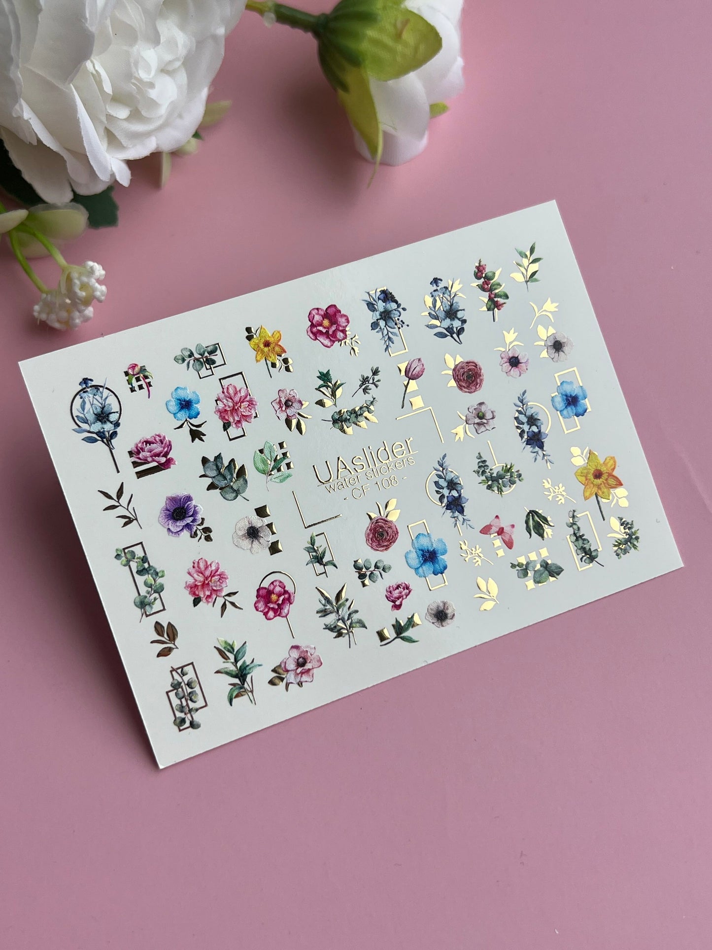 Nail Water Decal CF-108 | Floral Water Slide Nail Decals | Colorful Flowers, Greenery & Gold Frames