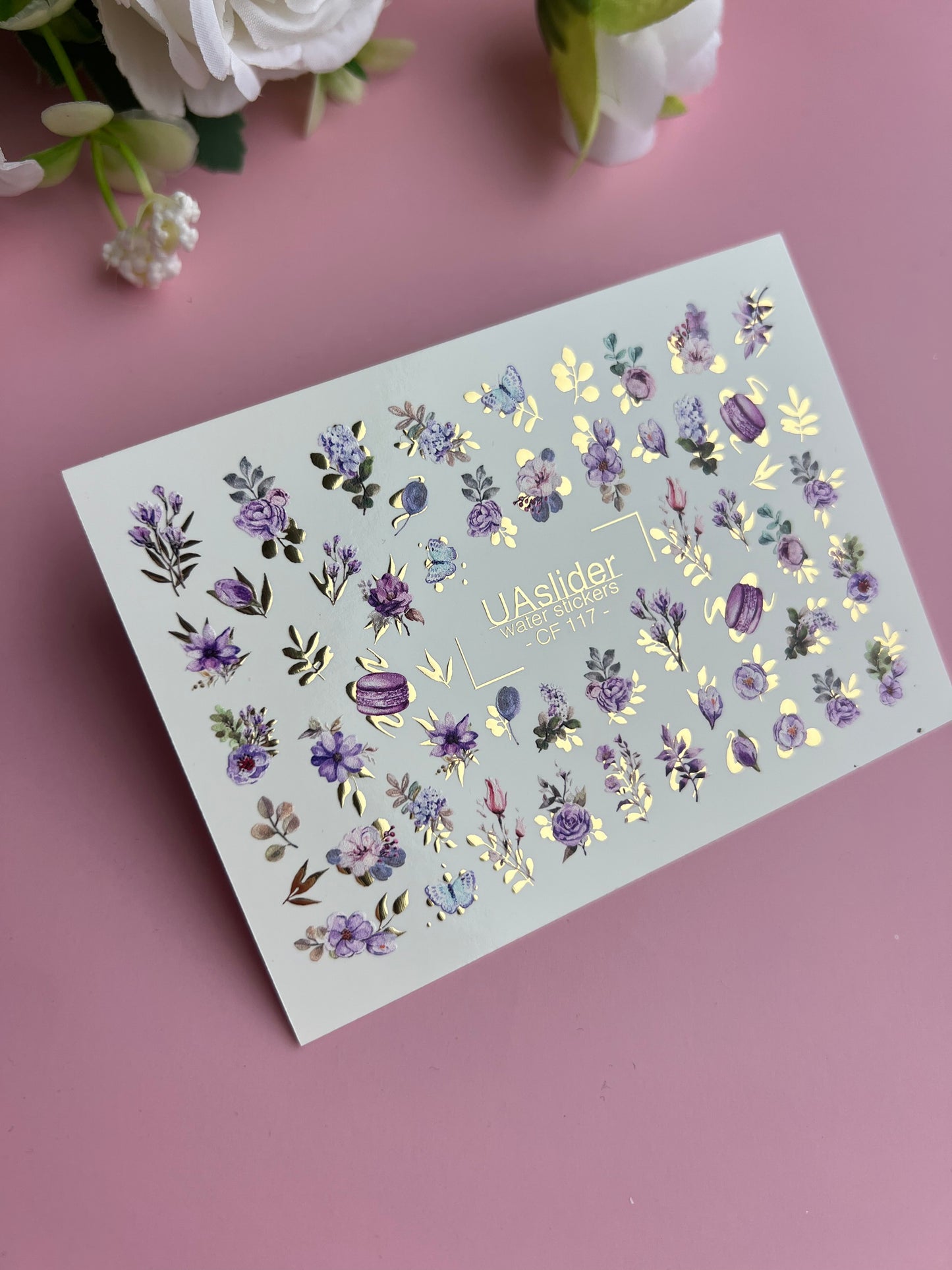 Nail Water Decal CF-117 | Floral Water Slide Nail Decals | Purple Flowers, Butterflies & Macarons