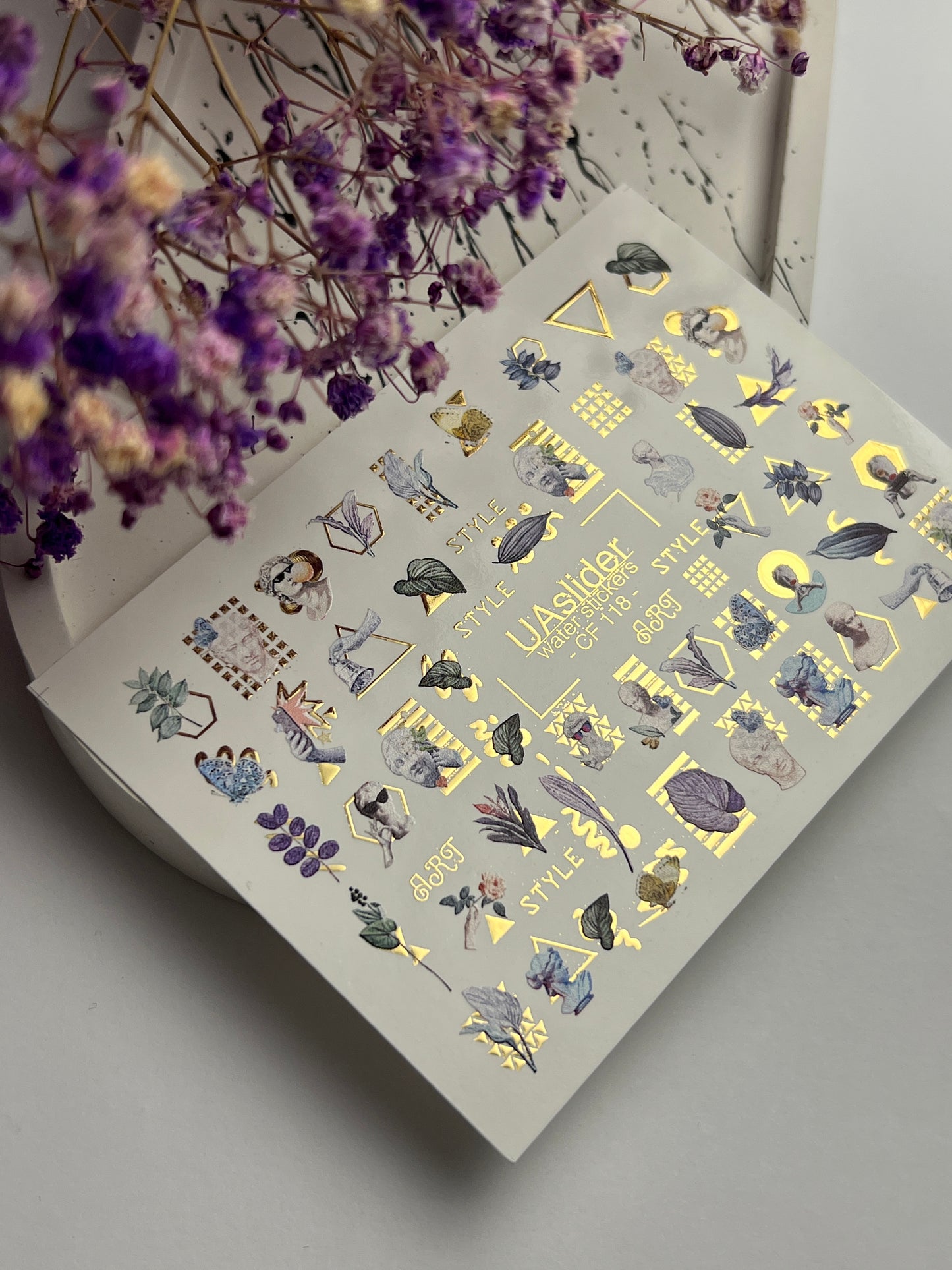 Nail Water Decal CF-118 | Artistic Water Slide Nail Decals | Sculpture, Leaves & Gold Geometric Accents