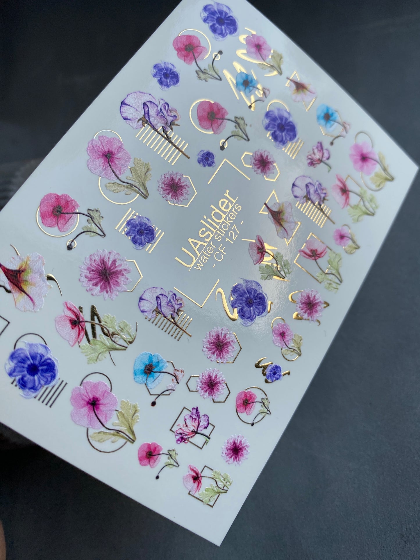 Nail Water Decal CF-127 | Floral Nail Water Decals | Pink, Blue & Purple Flowers with Geometric Gold Accents