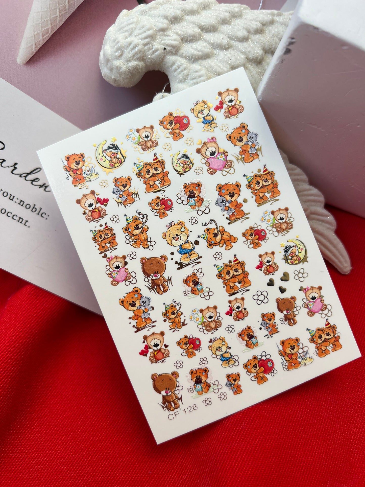Nail Water Decal CF-128 | Cute Bear Nail Water Decals | Teddy Bears with Hearts, Gifts & Balloons