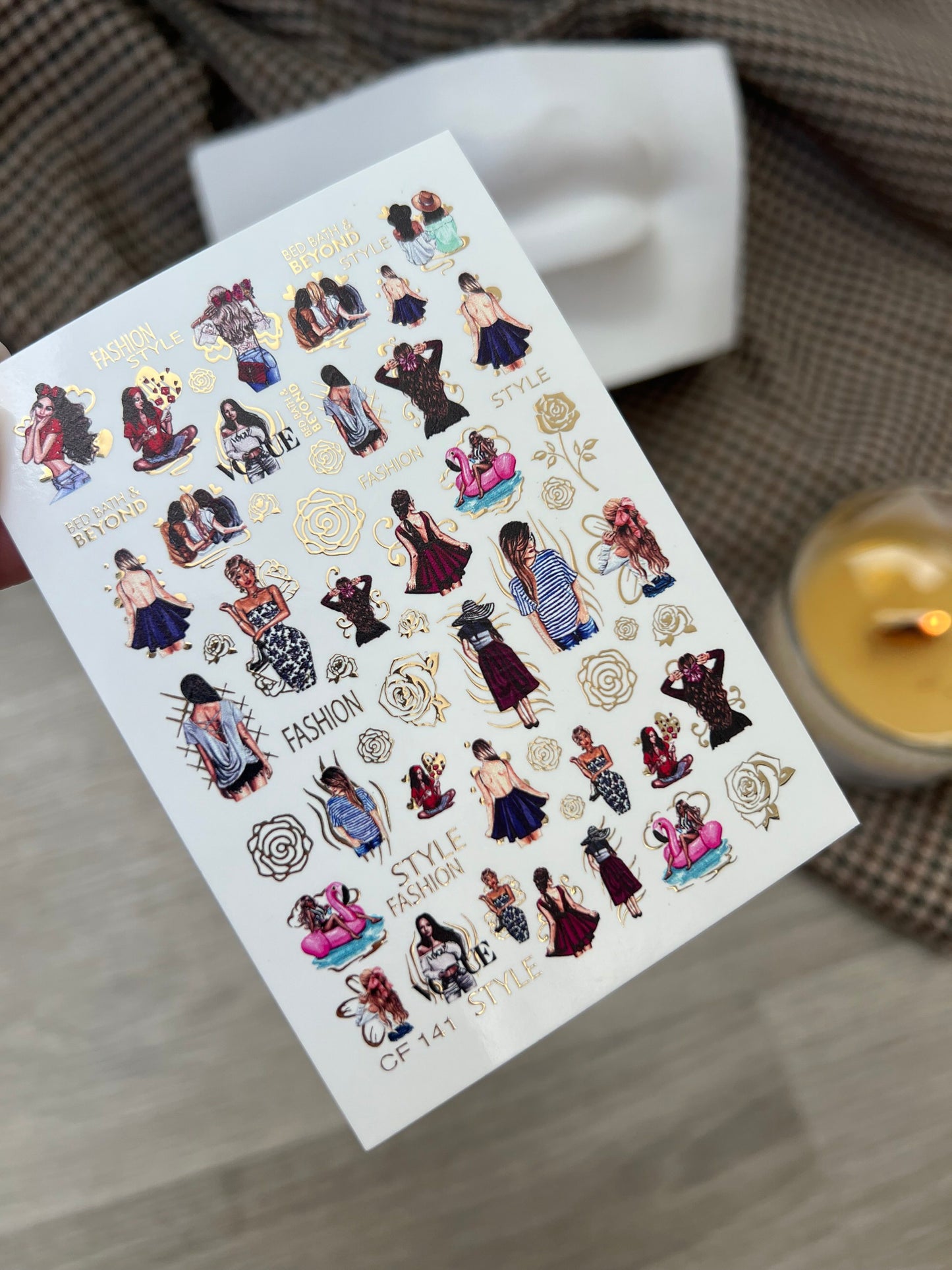 Nail Water Decal CF-141 | Summer Fashion Water Slide Nail Decals | Girls, Flamingos & Gold Roses