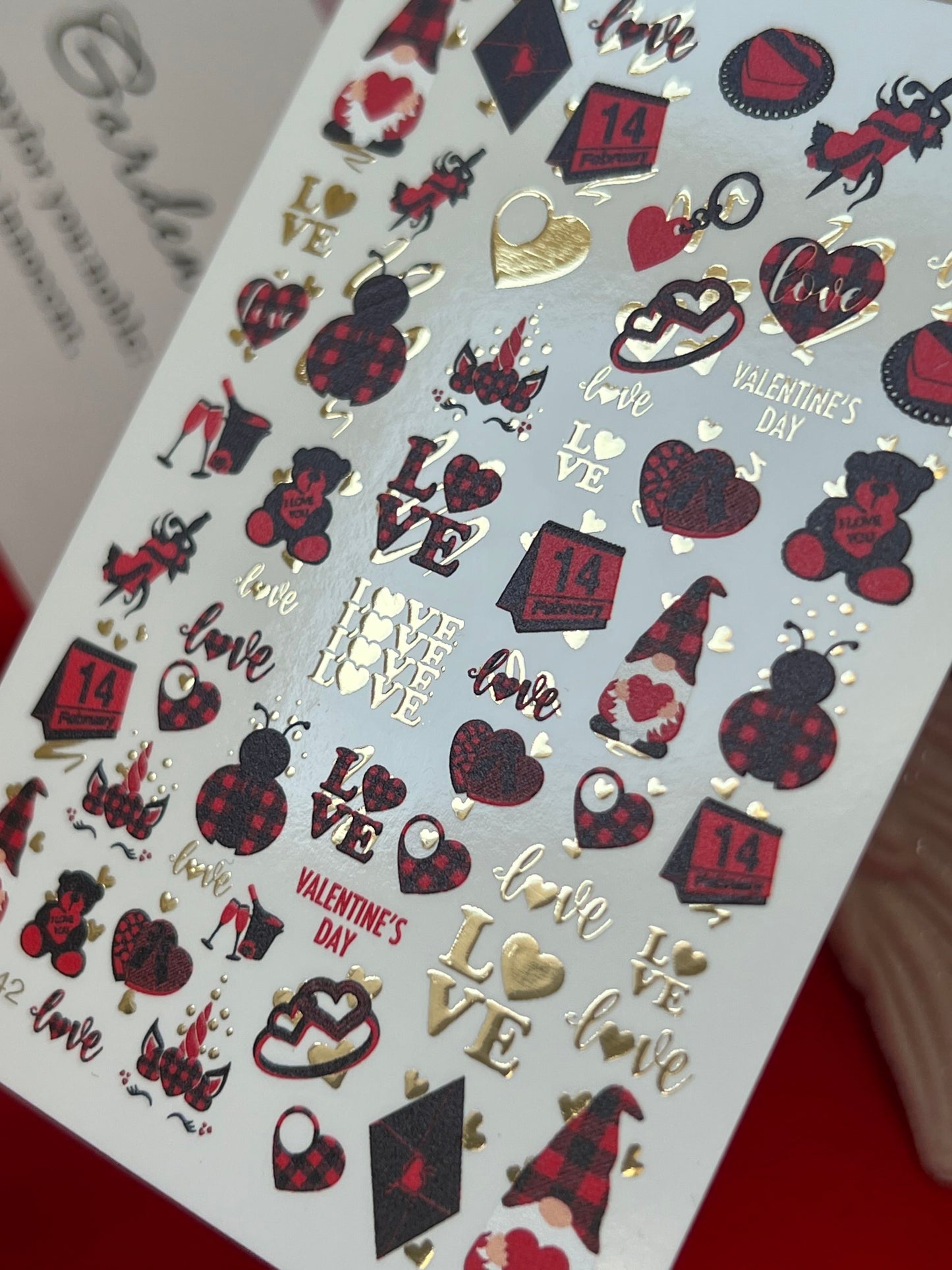 Nail Water Decal CF-142 | Valentine’s Day Water Slide Nail Decals | Hearts, Love Quotes & Gold Foil