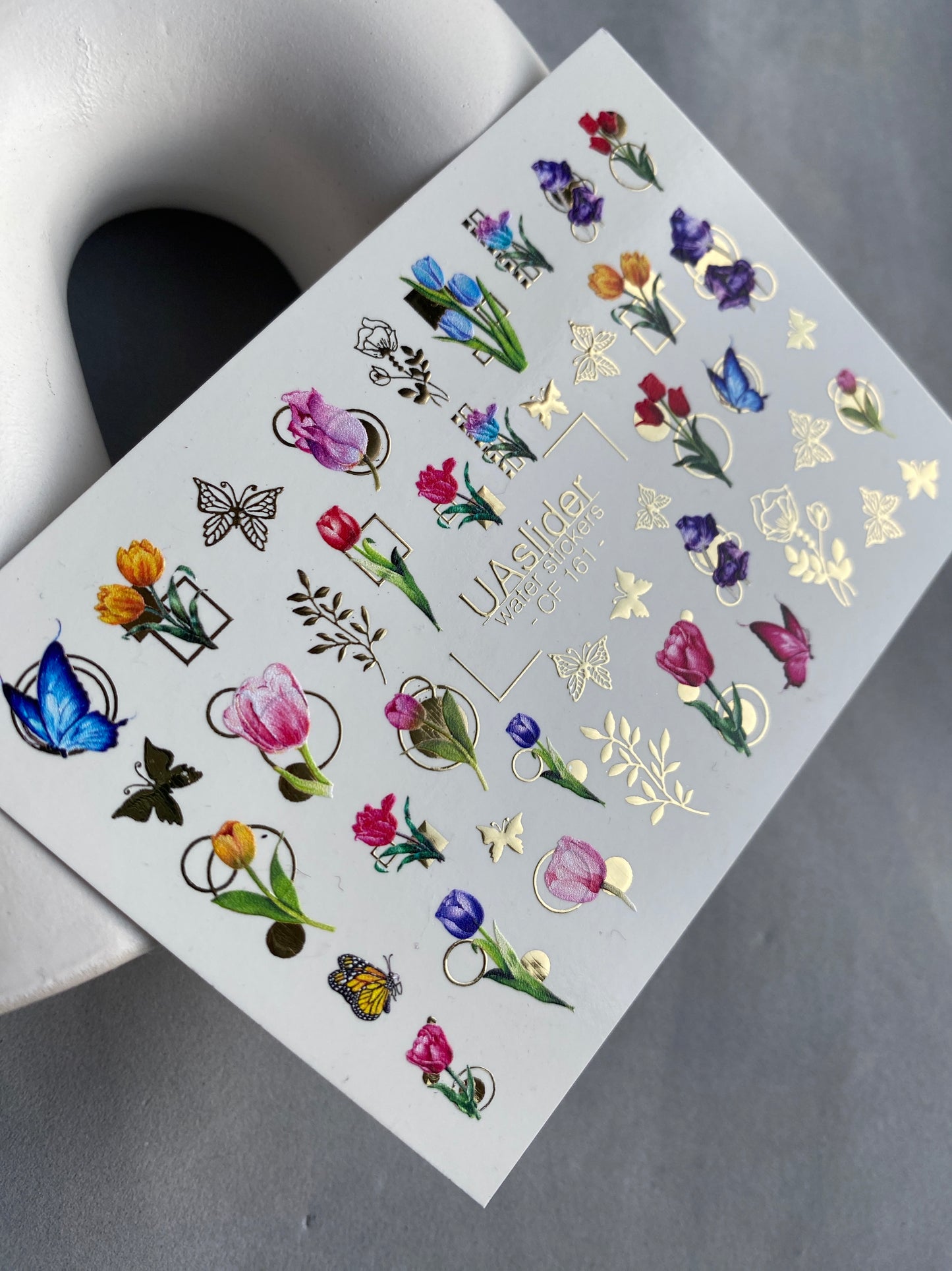 Nail Water Decal CF-161 | Tulip Water Slide Nail Decals | Colorful Flowers, Butterflies & Gold Foil Accents