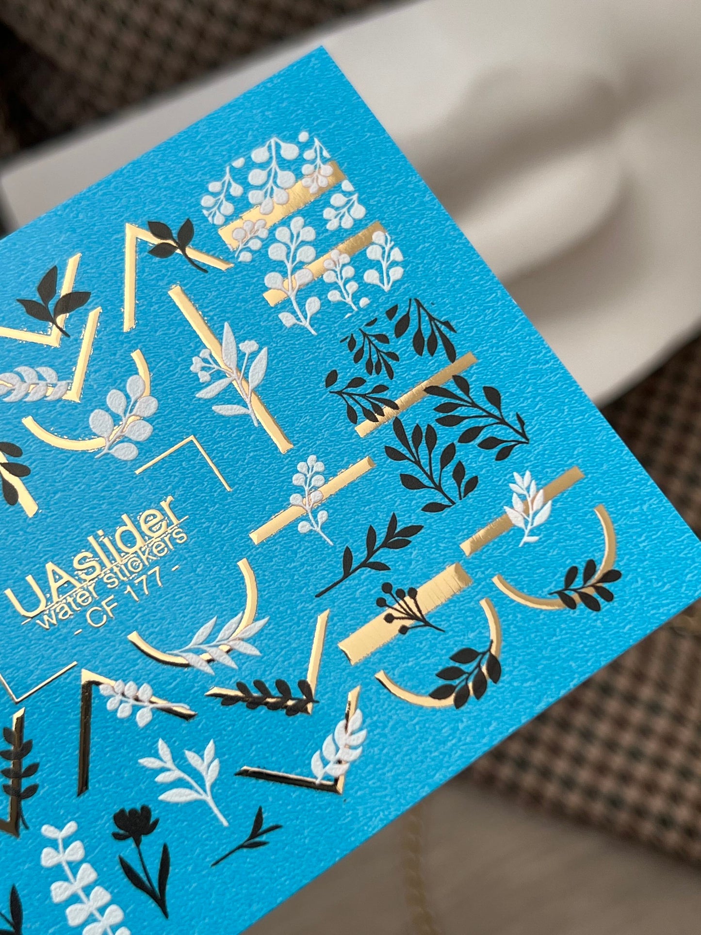 Nail Water Decal CF-177 | Minimalist Botanical Nail Water Decals | Black & White Leaves with Golden Geometry