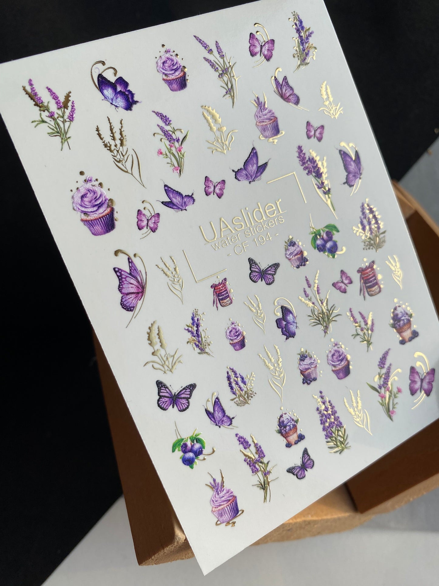 ملصق مائي للأظافر CF-194 | ملصقات مائية للأظافر | زهور اللافندر، الفراشات والكب كيك