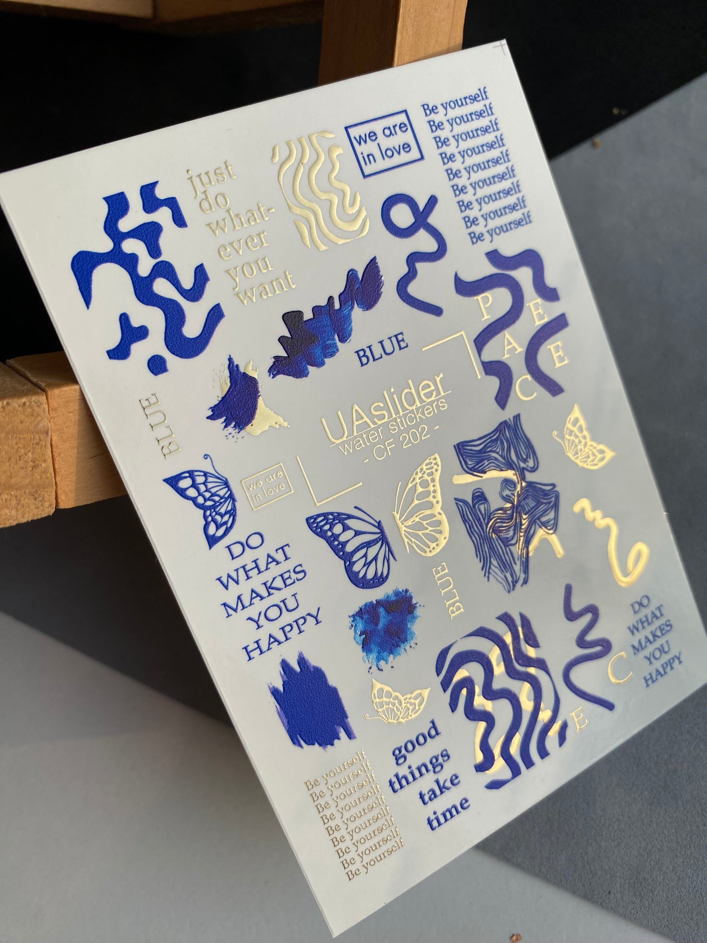 Nail Water Decal CF-202 | Abstract Water Slide Nail Decals, Blue & Gold Foil Waves with Butterflies and Quotes