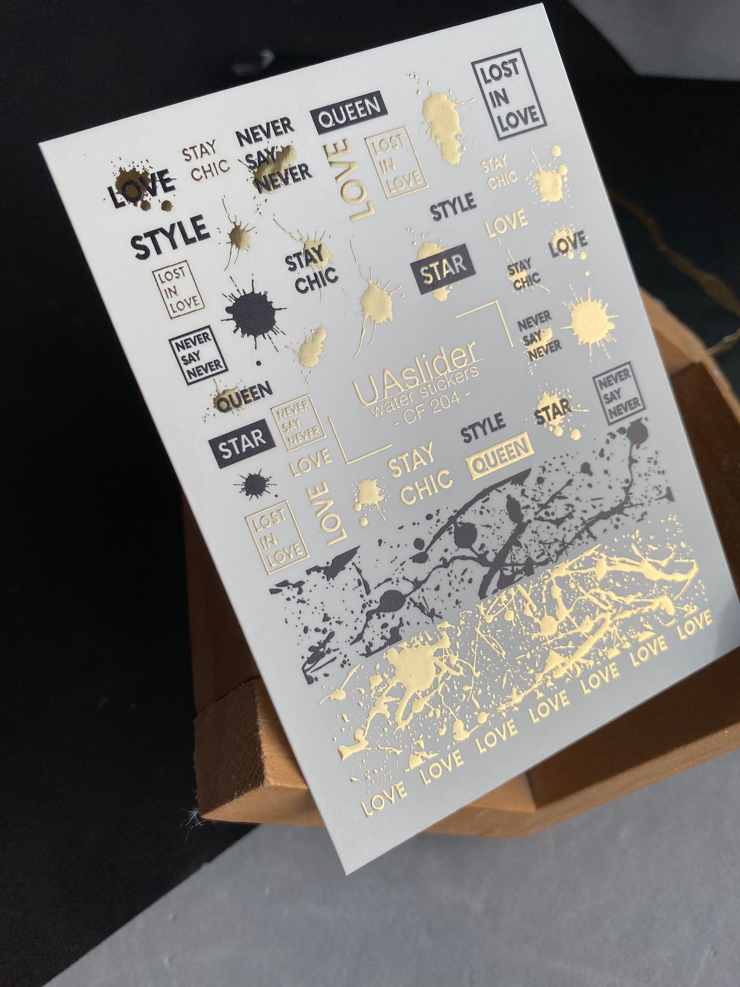 Nail Water Decal CF-204 | Nail Water Decals | Words & Paint Splashes with Gold Accents