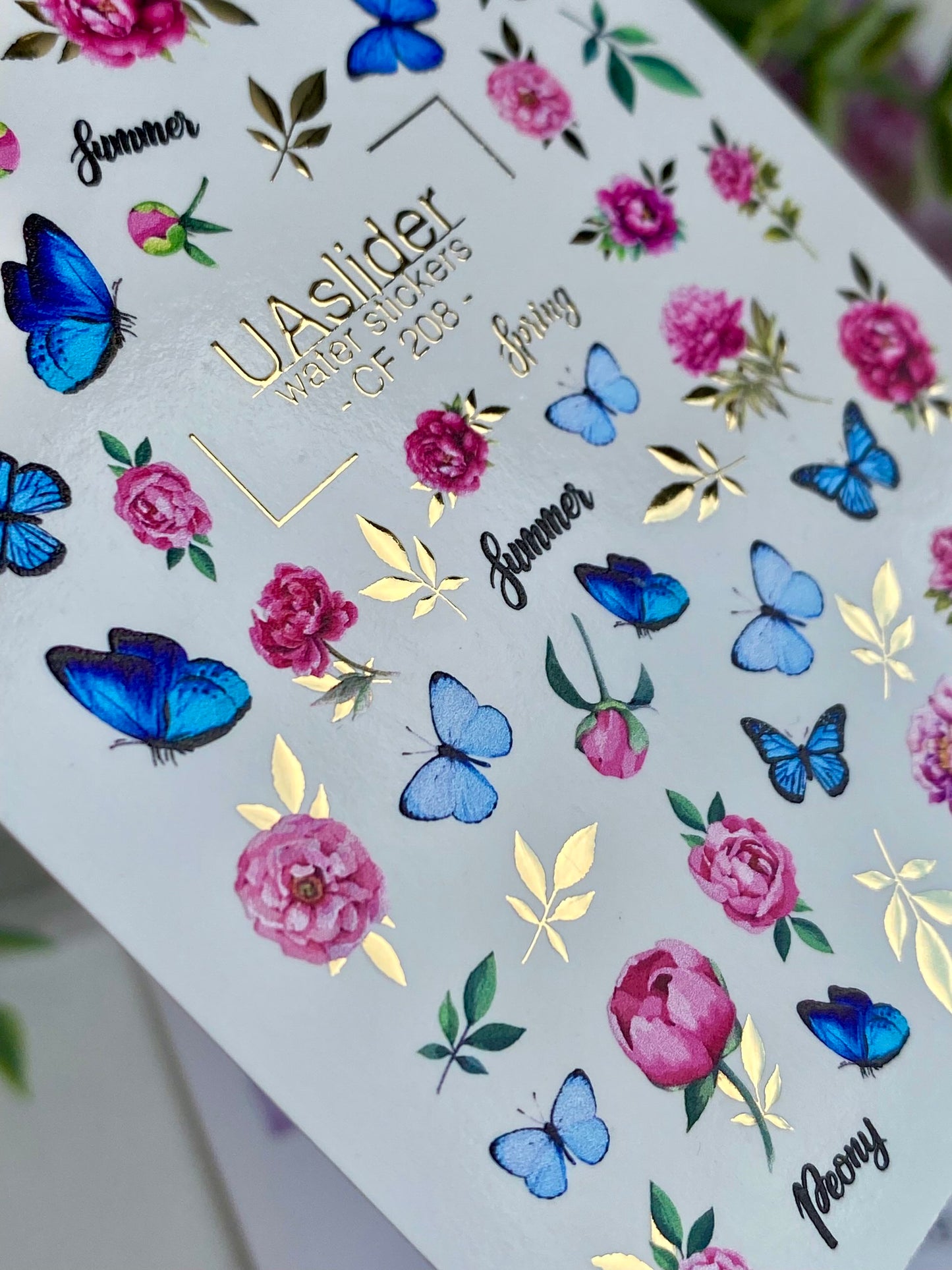 מדבקת מים לציפורניים CF-208 | מדבקות מים לציפורניים | פיאונים ופרפרים כחולים עם עלי זהב