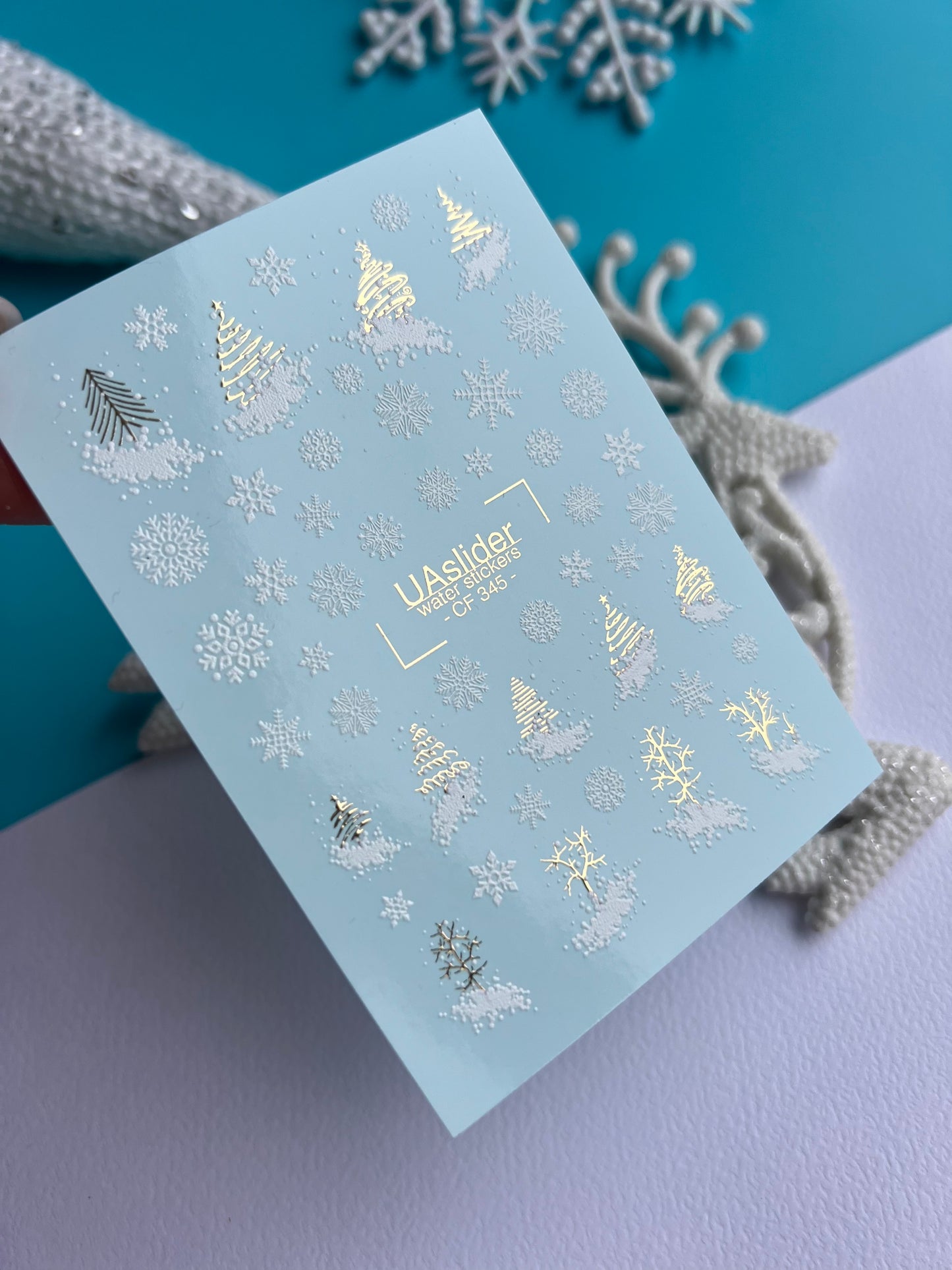 Nail Water Decal CF-345 | Water Slide Nail Decals | Christmas Trees & Snowflakes in Gold and White