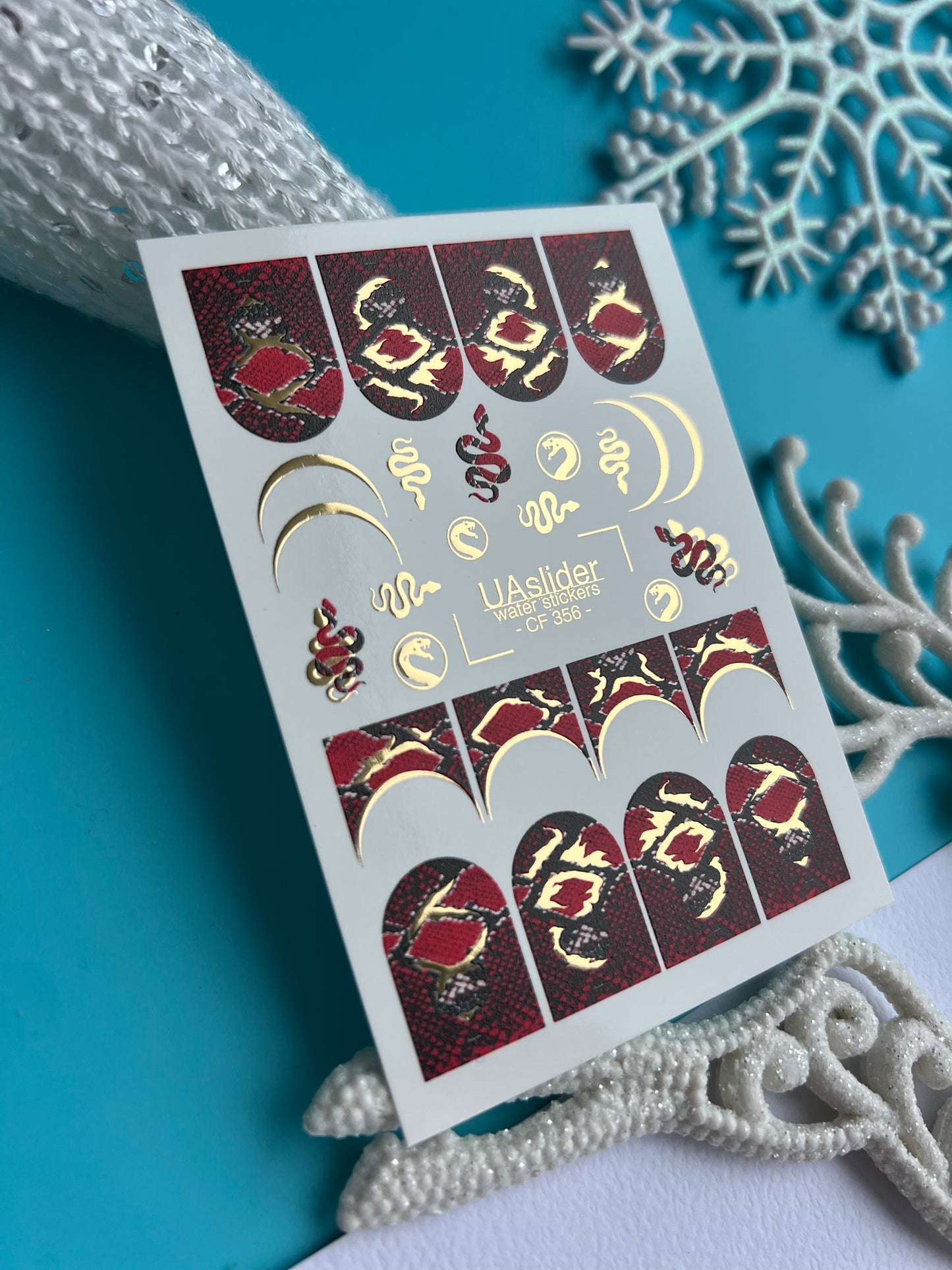 Nail Water Decal CF-356 | Water Slide Nail Decals | Red Snake Print with Gold Foil & Serpent Motifs