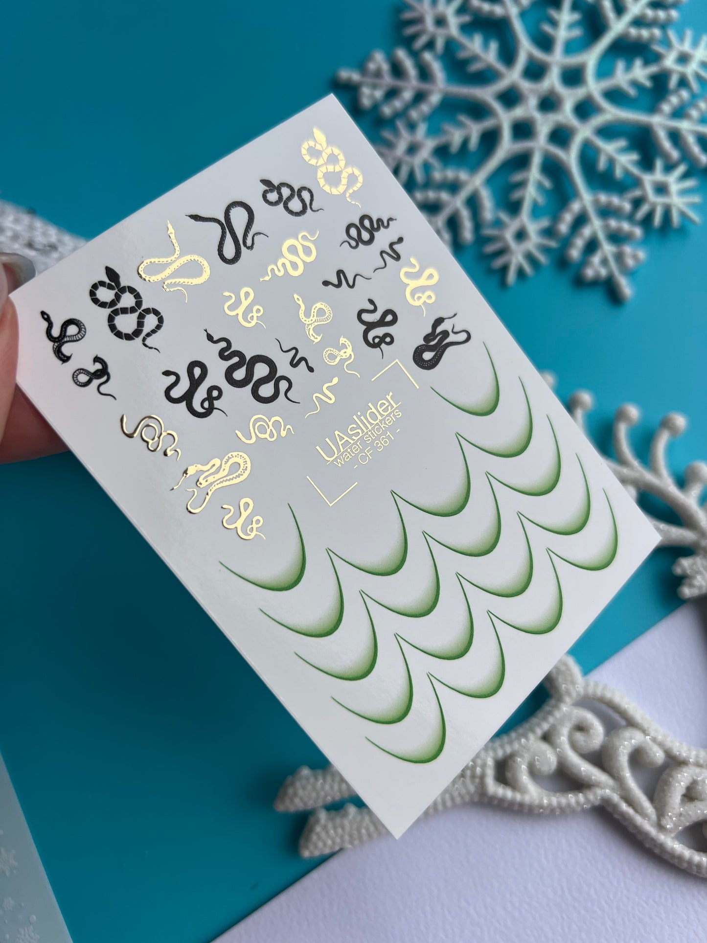 Nail Water Decal CF-361 | Water Nail Decals | Green French Tips & Snake Motifs | Reptile Nail Art