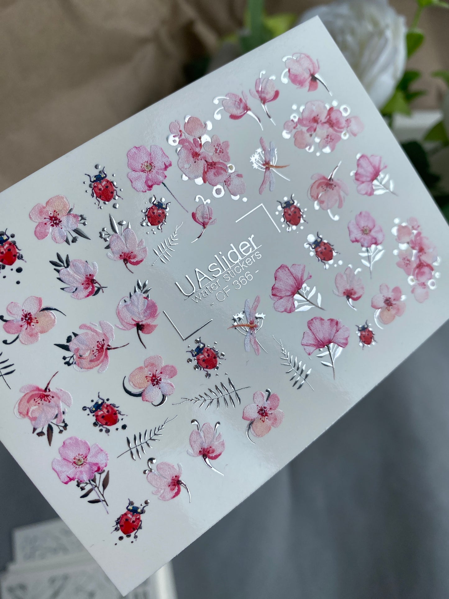 Nail Water Decal CF-366 | Water Slide Nail Decals | Pink Flowers & Ladybugs