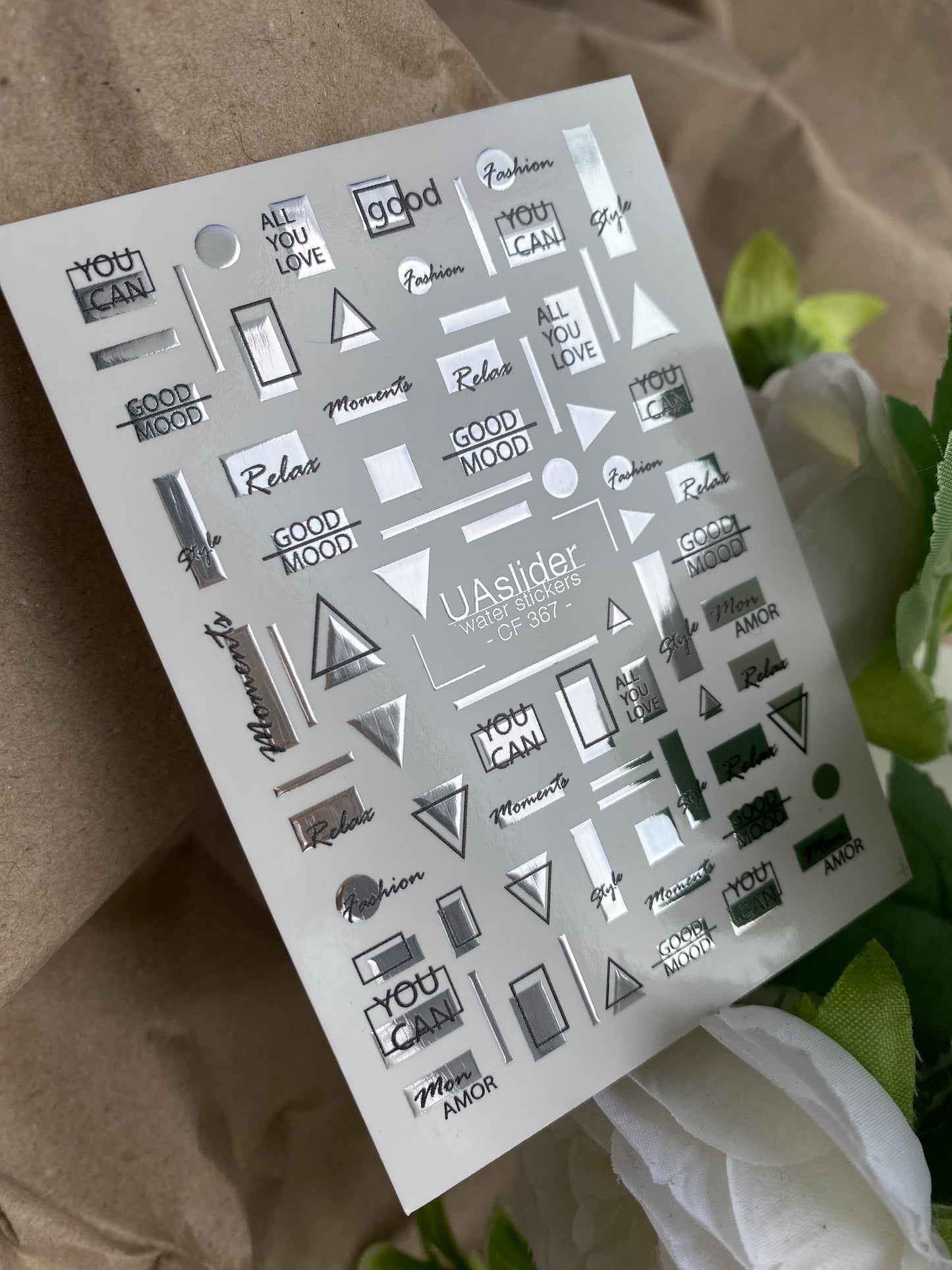 Nail Water Decal CF-367 | Water Slide Nail Decals | Silver Geometric & Motivational Text