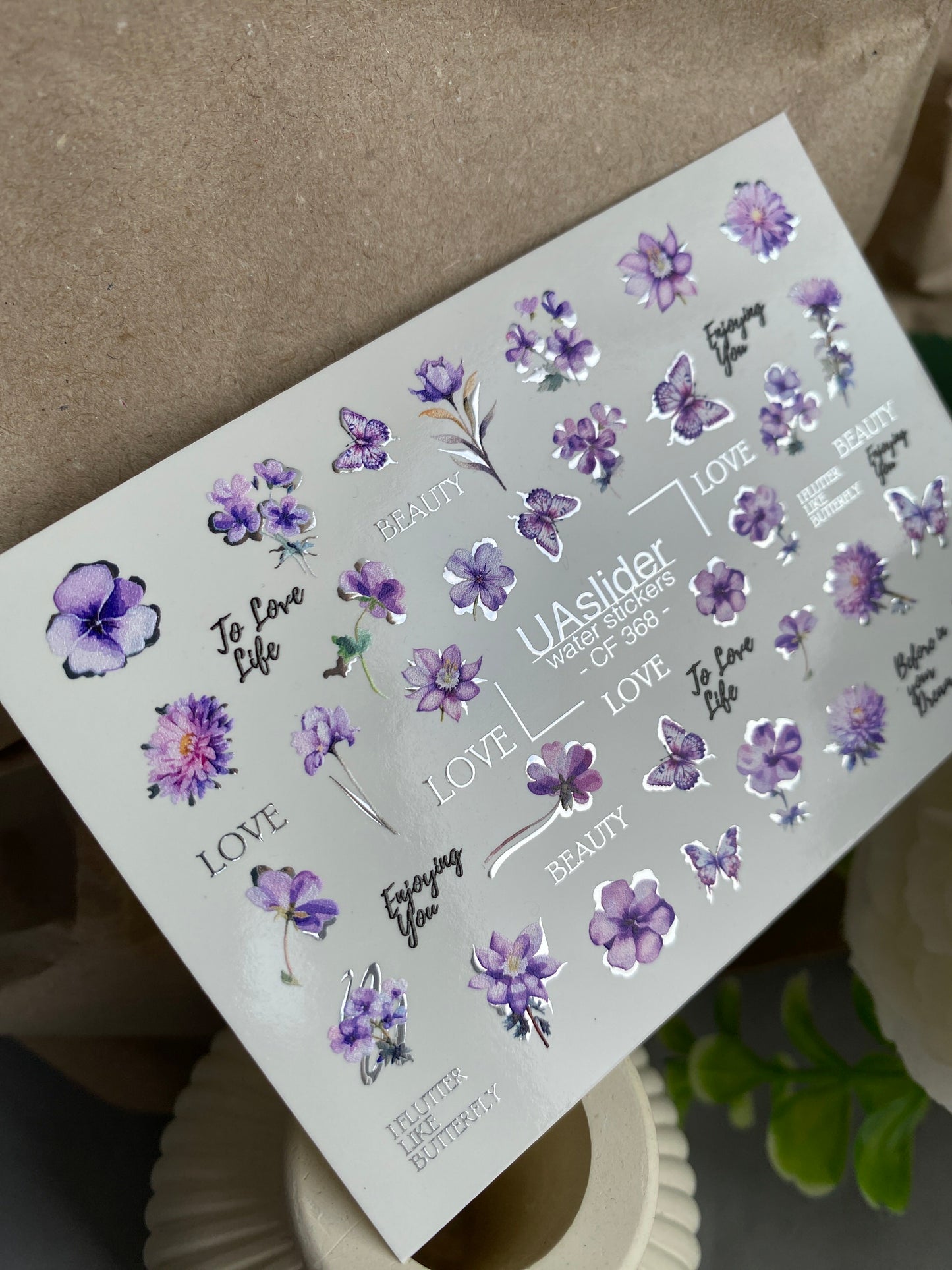 Nail Water Decal CF-368 | Water Slide Nail Decals | Purple Flowers, Butterflies & Love Quotes