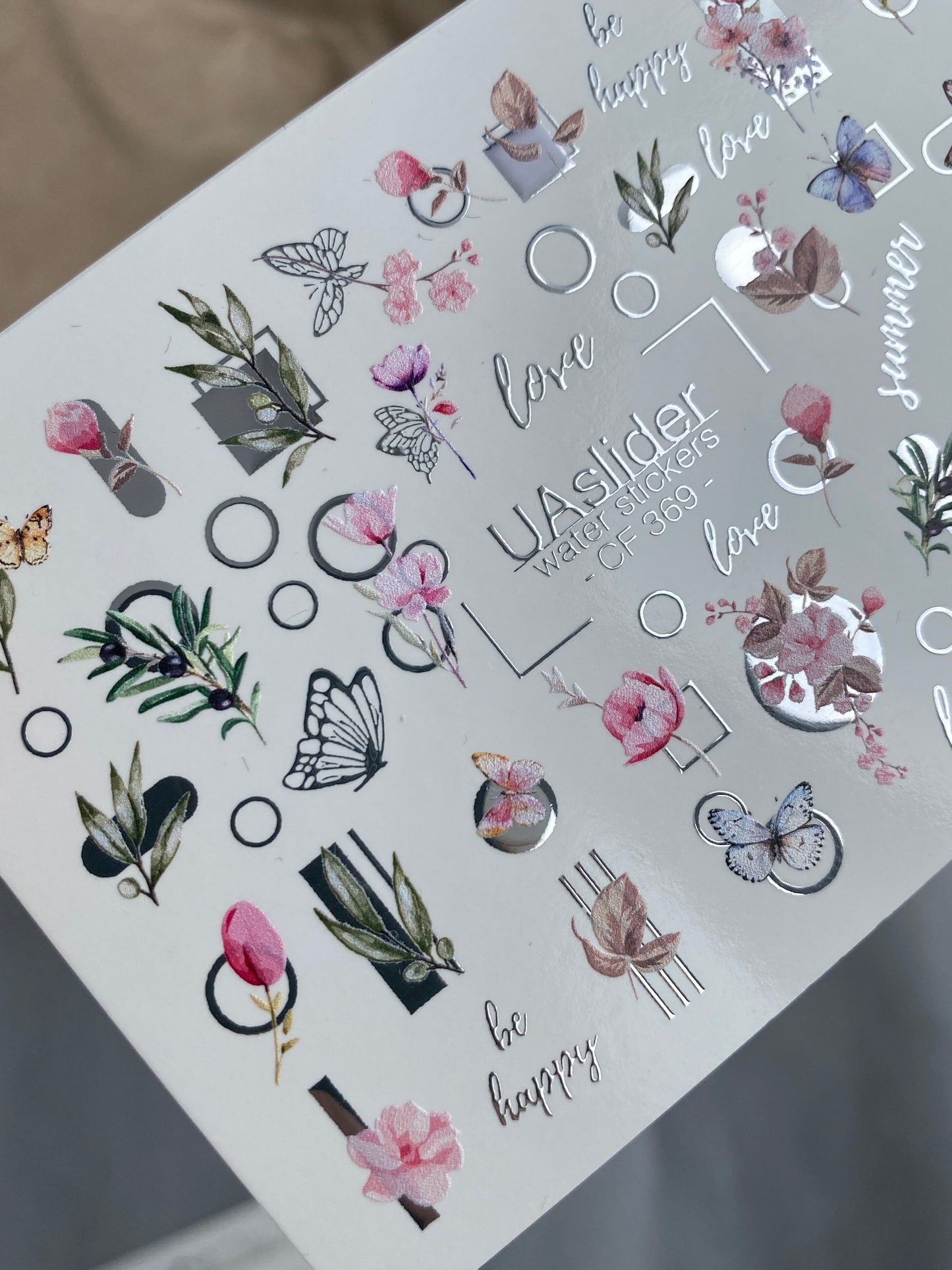 Nail Water Decal CF-369 | Water Slide Nail Decals | Flowers, Butterflies & Geometric Designs | Love & Be Happy Quotes