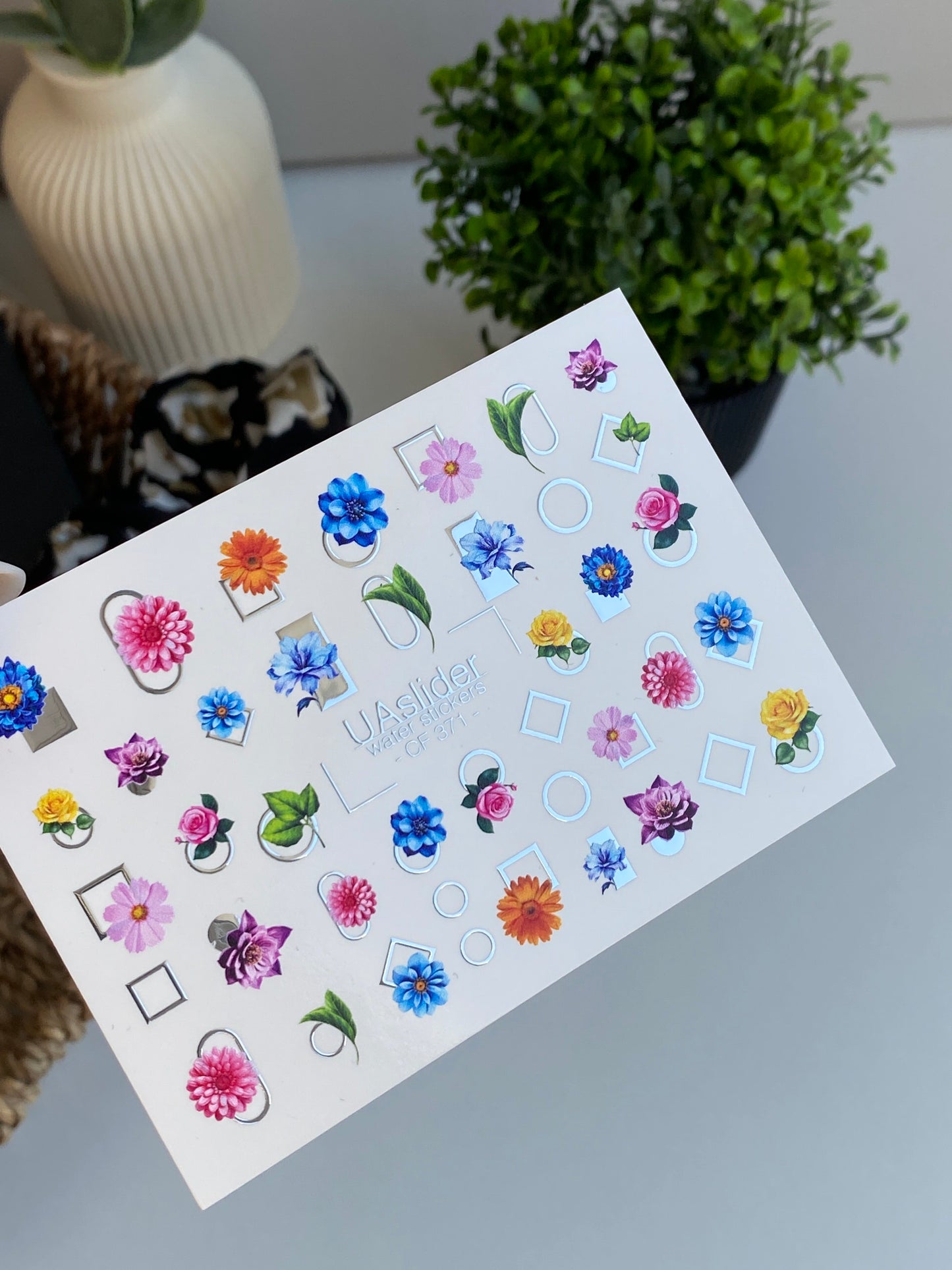 Nail Water Decal CF-371 | Water Slide Nail Decals | Colorful Flowers with Geometric Shapes | Summer Floral Nail Art
