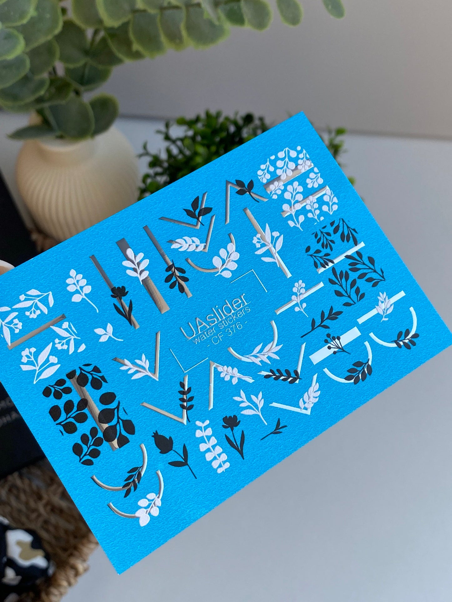 Nail Water Decal CF-376 | Minimalist Water Slide Nail Decals | Black and White Botanical Accents