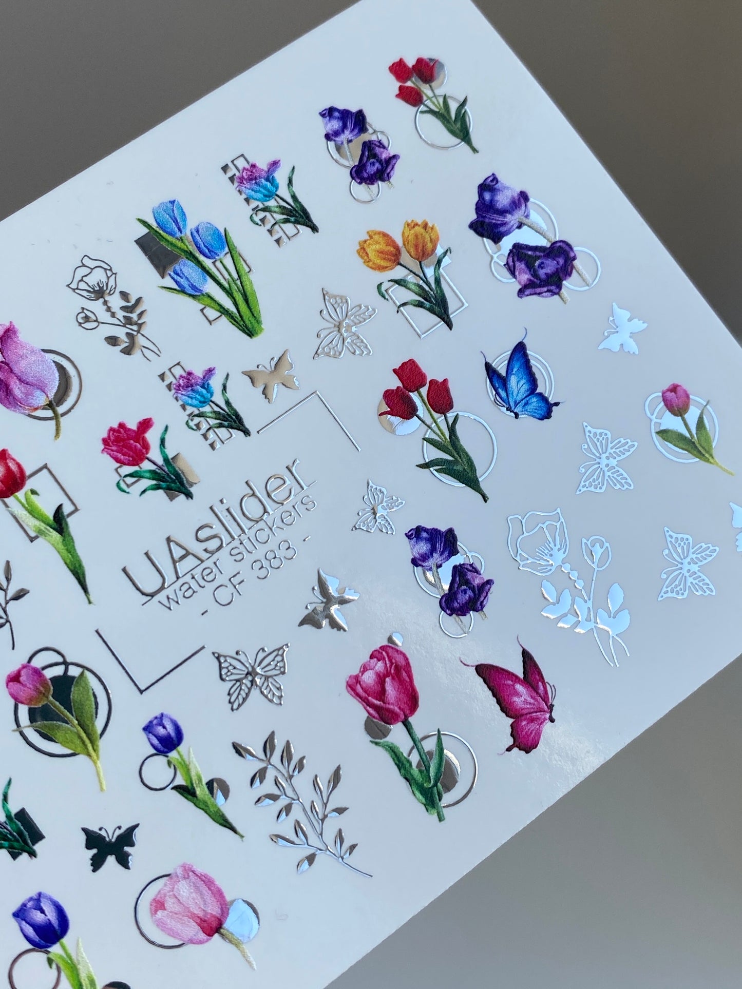 Nail Water Decal CF-383 | Tulip Water Slide Nail Decals | Colorful Spring Flowers and Butterflies