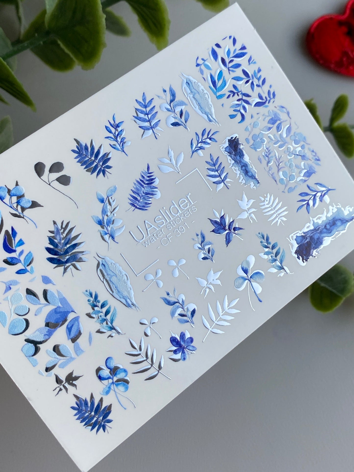 Nail Water Decal CF-391 | Blue Leaf Water Slide Nail Decals | Botanical Branches and Minimalist Design