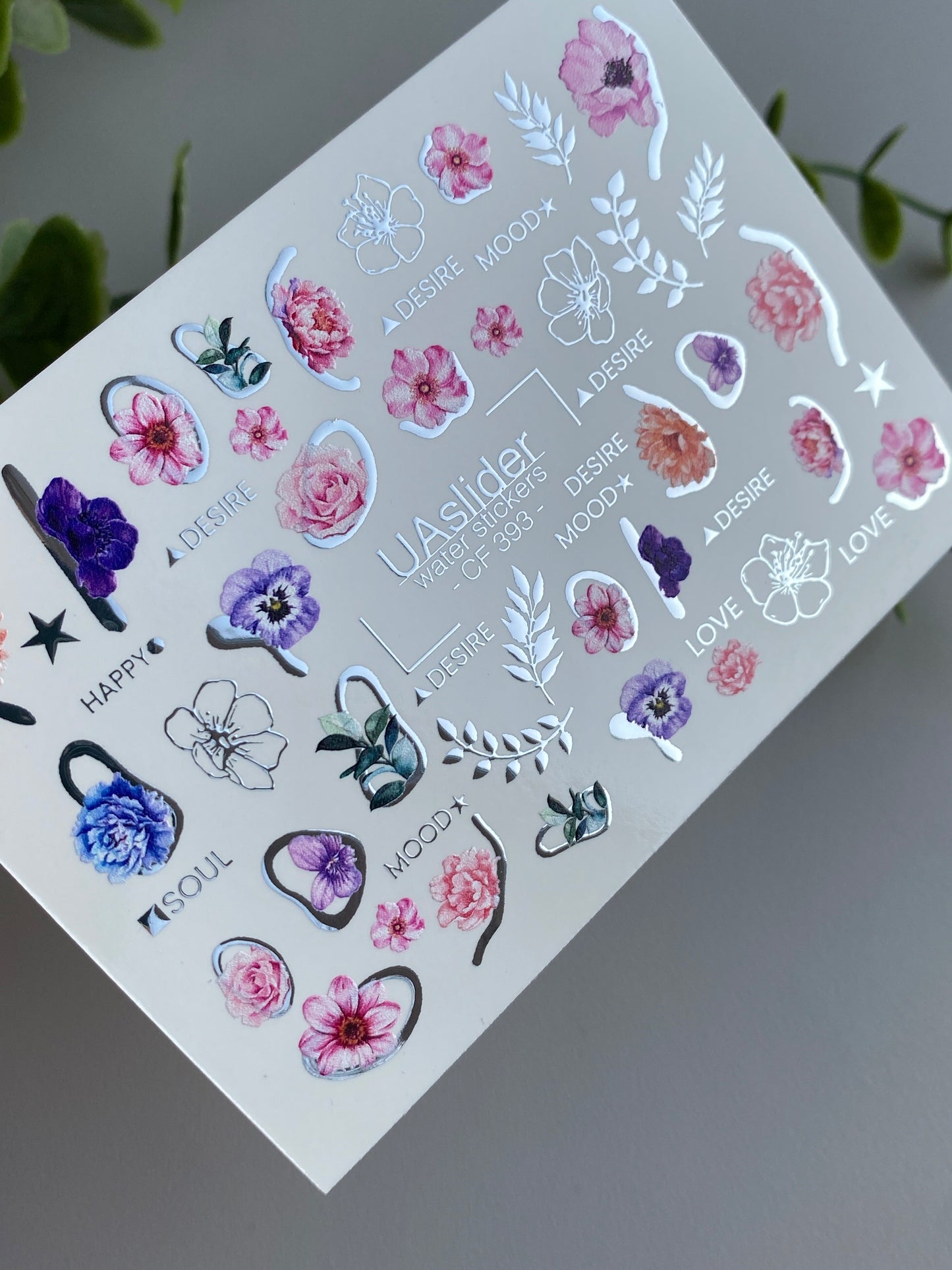 Nail Water Decal CF-393 | Floral Water Slide Nail Decals | Flowers with Lettering Accents