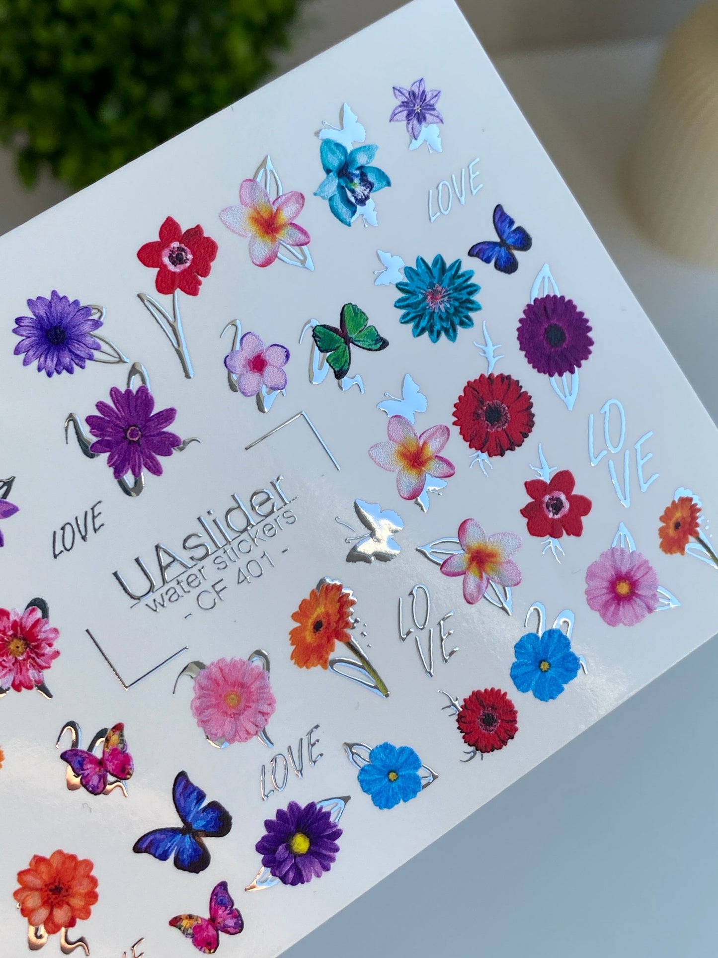 Nail Water Decal CF-401 | Bright Floral Water Slide Nail Decals | Colorful Flowers, Butterflies and Lettering