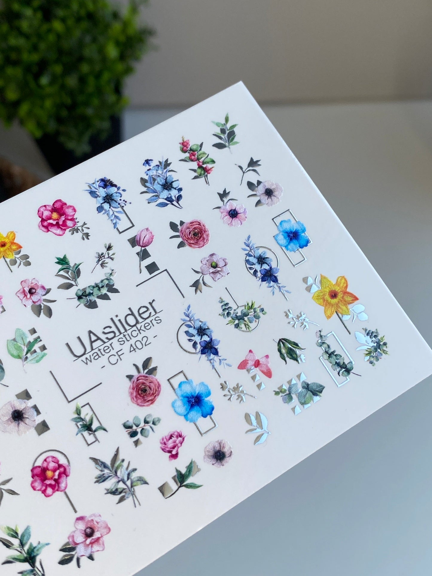 Nail Water Decal CF-402 | Botanical Water Slide Nail Decals | Colorful Flowers with Geometric Accents