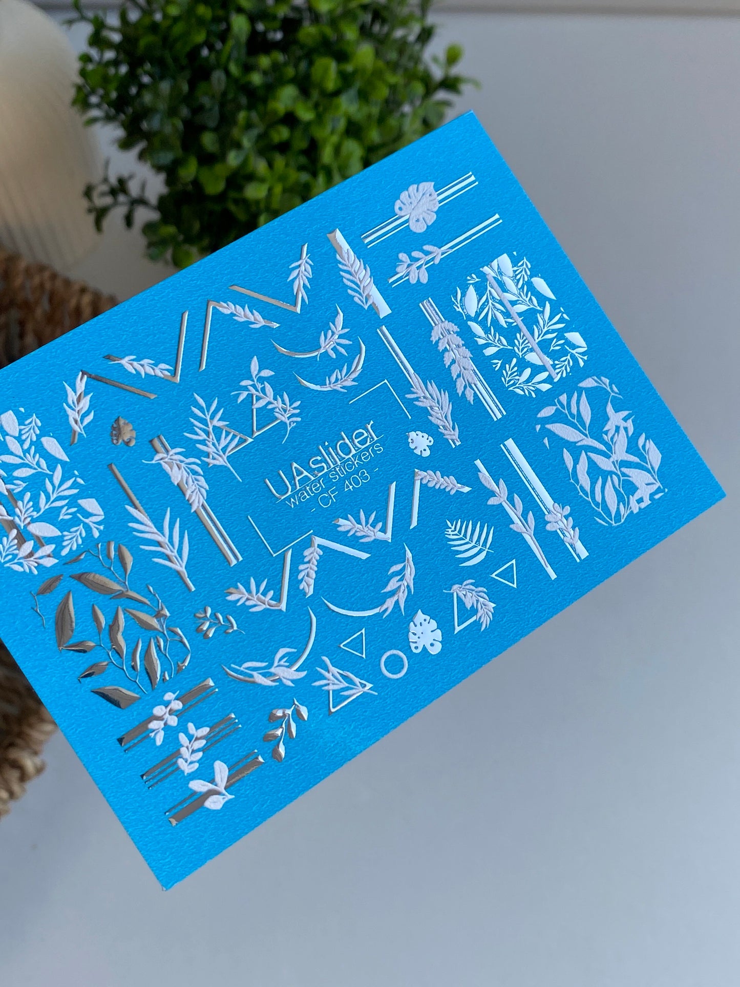 Nail Water Decal CF-403 | White Botanical Water Slide Nail Decals | Leaves, Branches and Geometric Accents