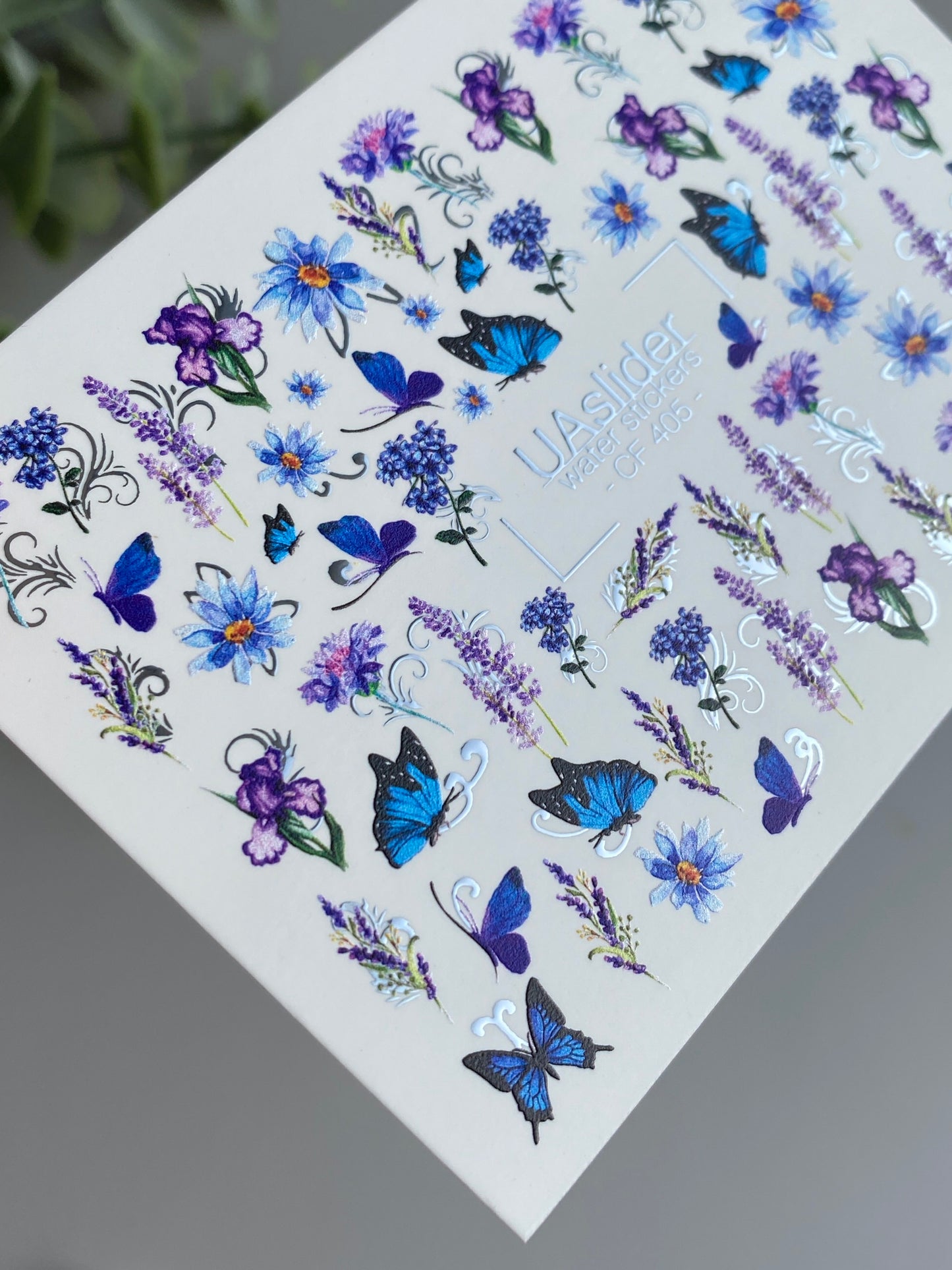 Nail Water Decal CF-405 | Blue Butterfly & Floral Water Slide Nail Decals | Summer Garden Nail Art