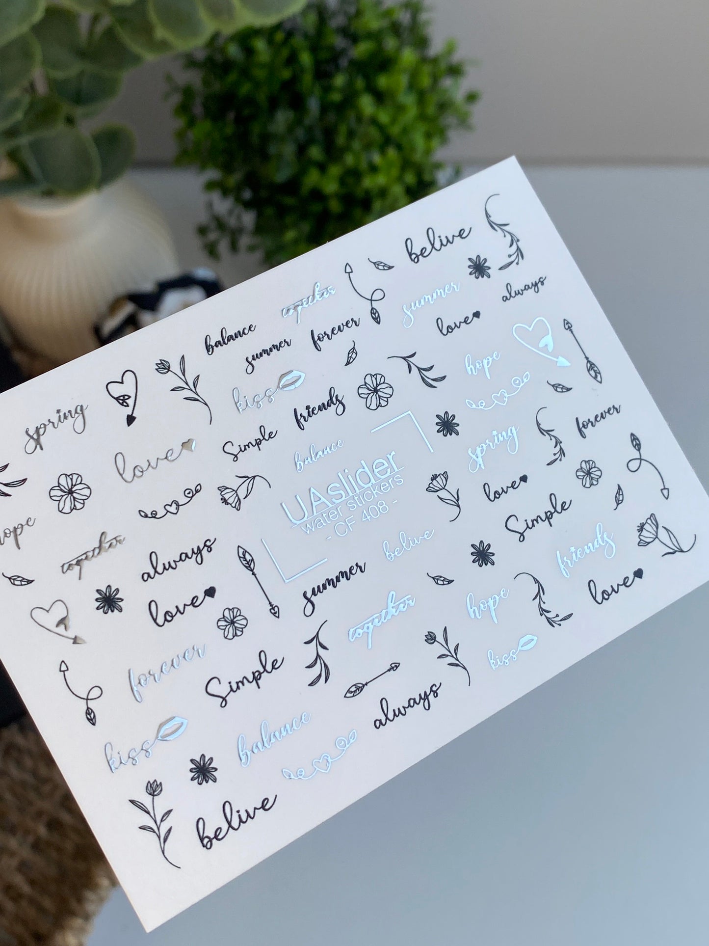 Decalcomanii de apă pentru unghii CF-408 | Citate minimaliste și autocolante florale pentru unghii | Decalcomanii glisante pe apă CF 408