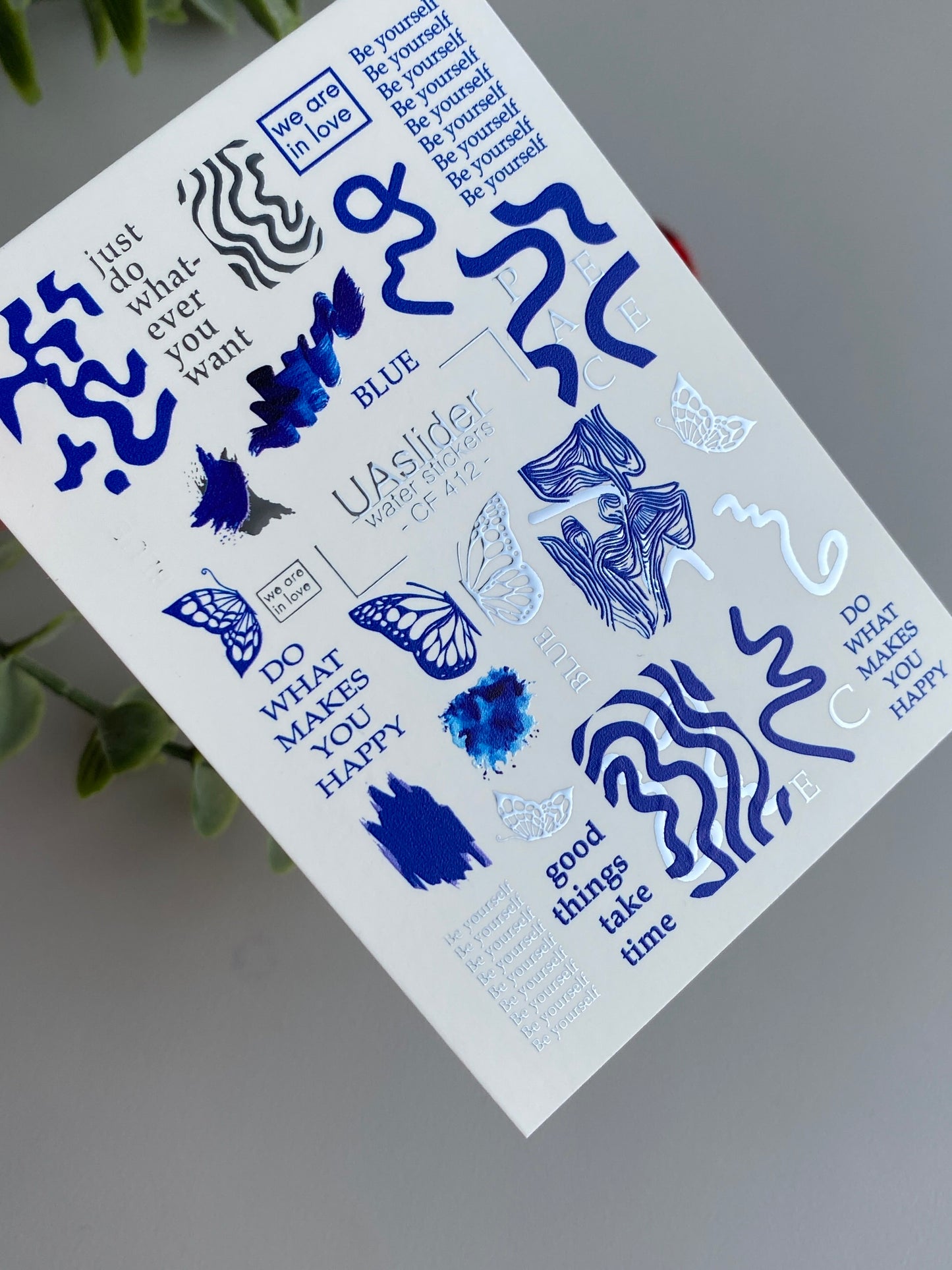 Nail Water Decal CF-412 | Blue Abstract & Butterfly Water Slide Nail Decals | Motivational Quotes Nail Art