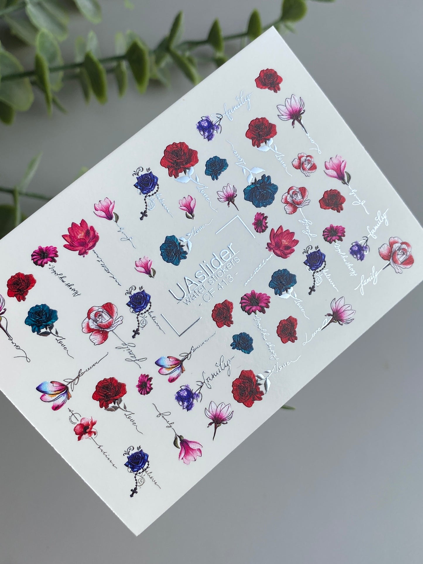 Adesivo de Água para Unhas CF-413 | Adesivos de Deslizamento de Água para Unhas Floral Romântico | Rosas, Magnólias e Caligrafia