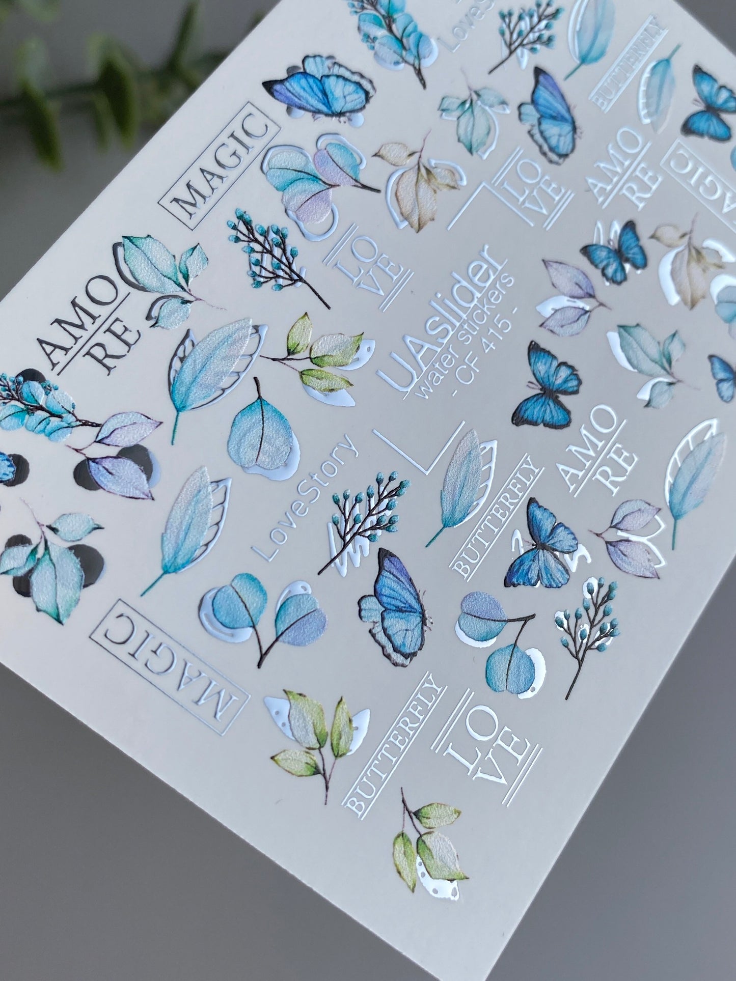 Nail Water Decal CF-415 | Blue Butterflies & Botanical Water Slide Nail Decals | Romantic Love Story Nail Art