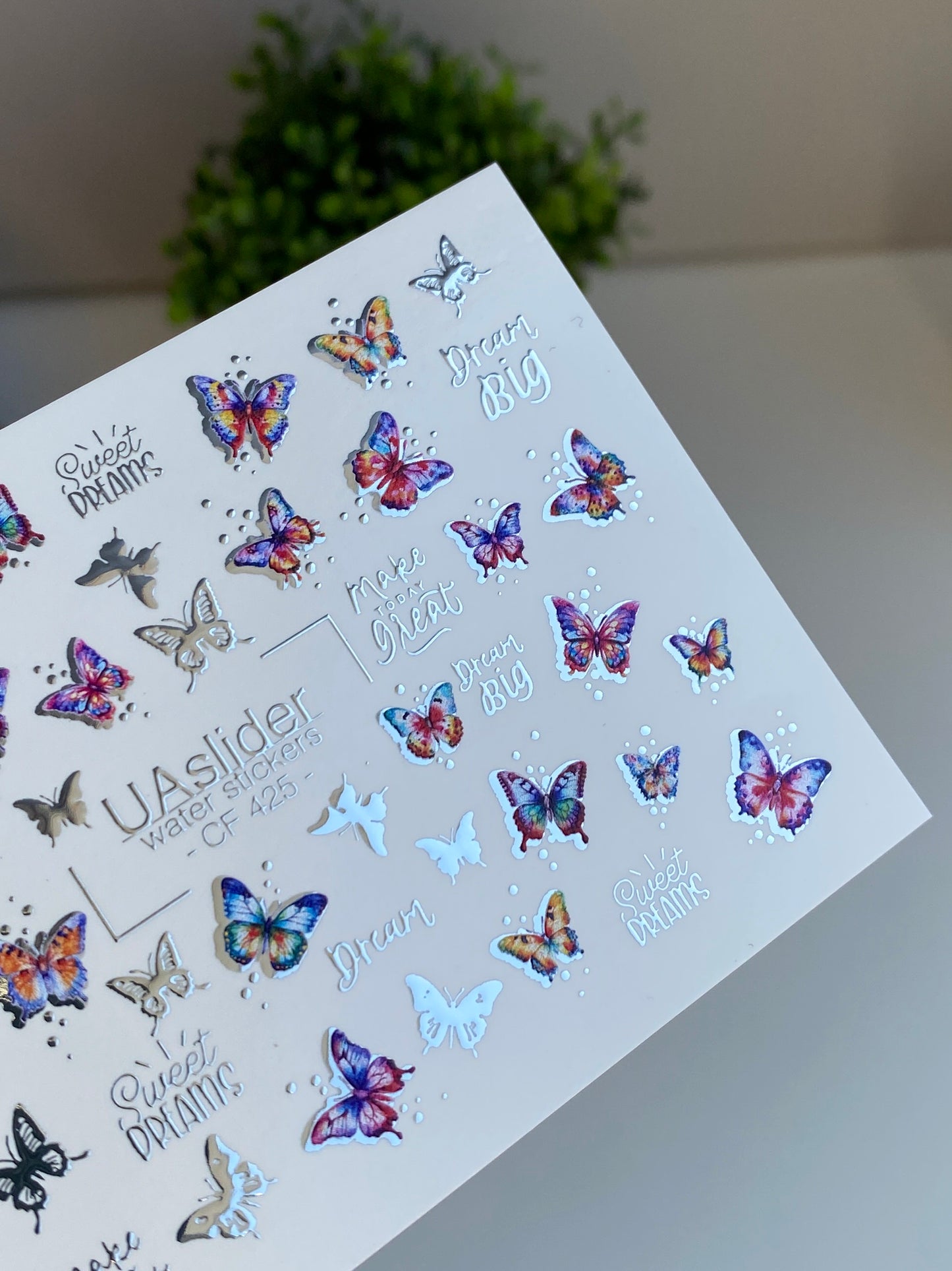 Nail Water Decal CF-425 | Colorful Butterflies Water Slide Nail Decals | Dream Big & Sweet Dreams Quotes