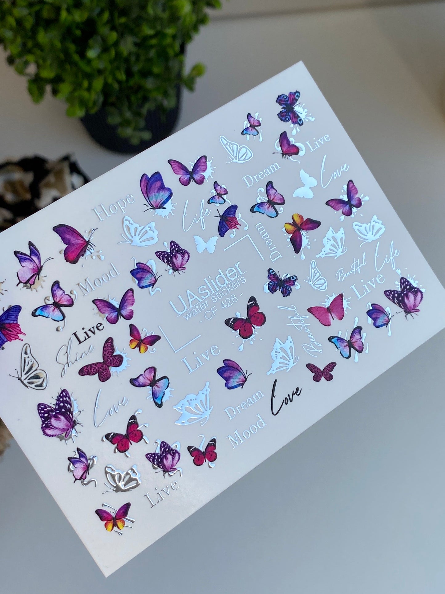 Nail Water Decal CF-428 | Pink & Purple Butterflies Water Slide Nail Decals | Dream, Love & Life Quotes
