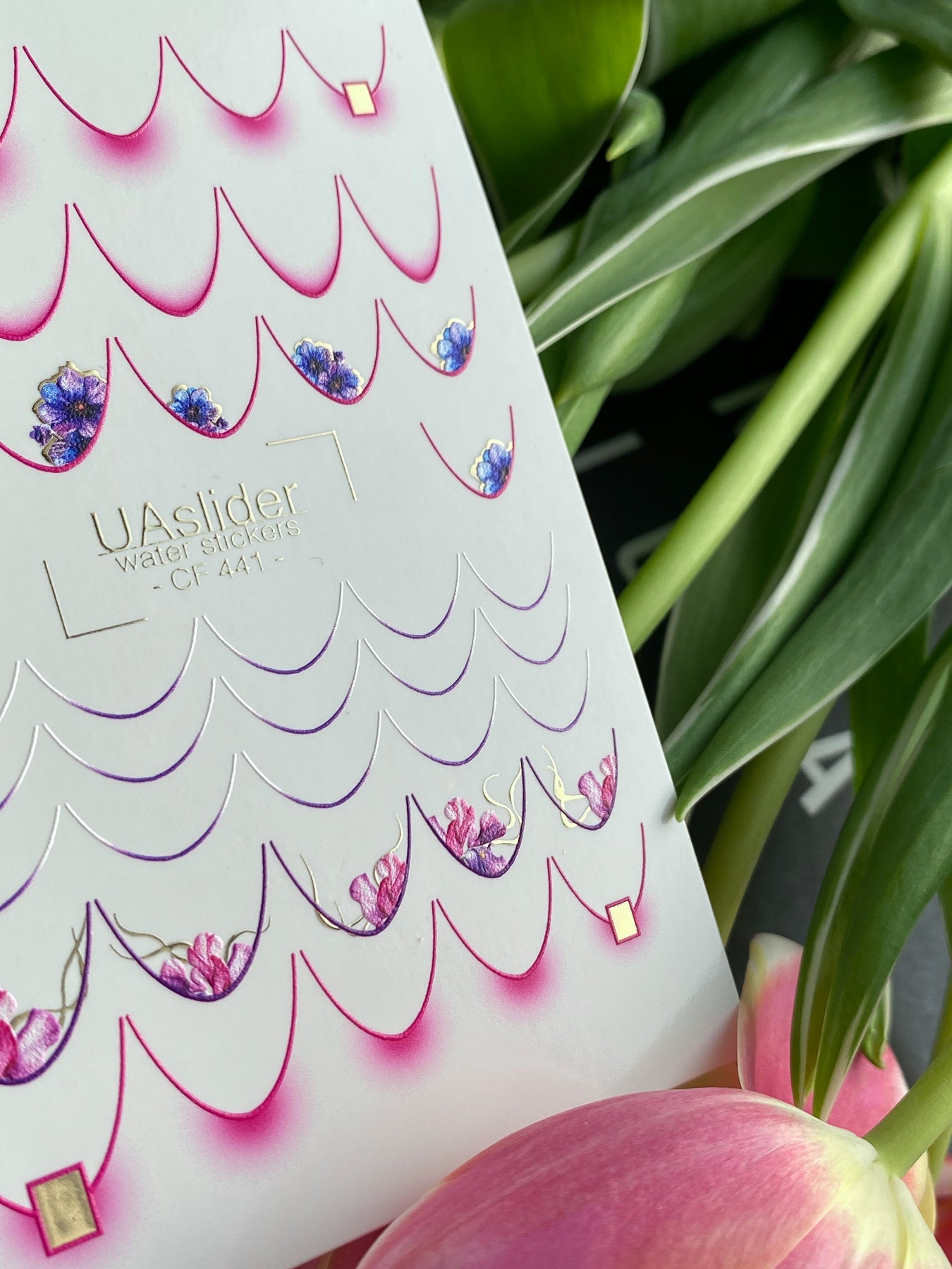 Nail Water Decal CF-441 | French Water Slide Nail Decals | Gradient French Tips with Purple Flowers