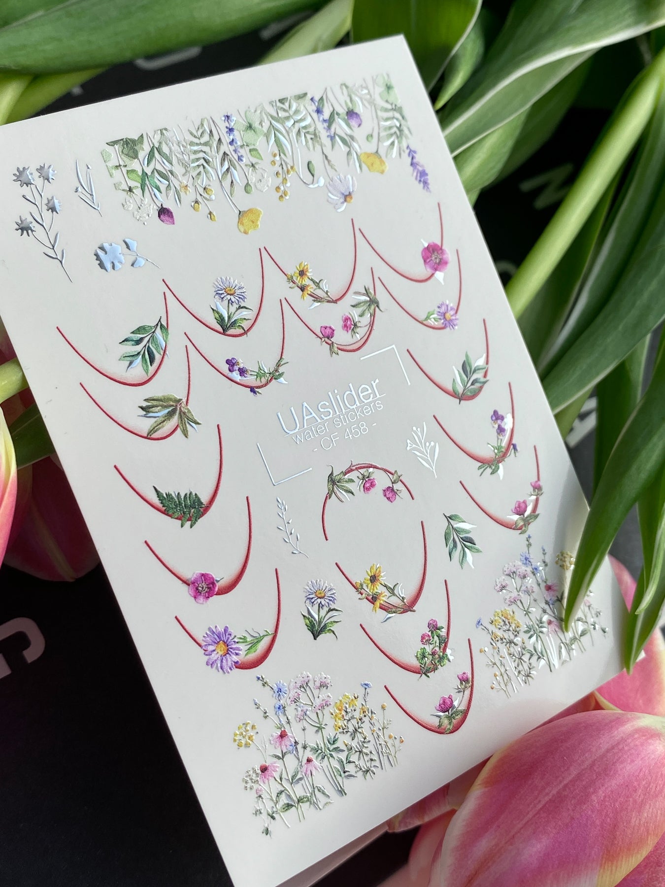 Nail Water Decal CF-458 | French Water Slide Nail Decals | Red French Tips with Wildflowers