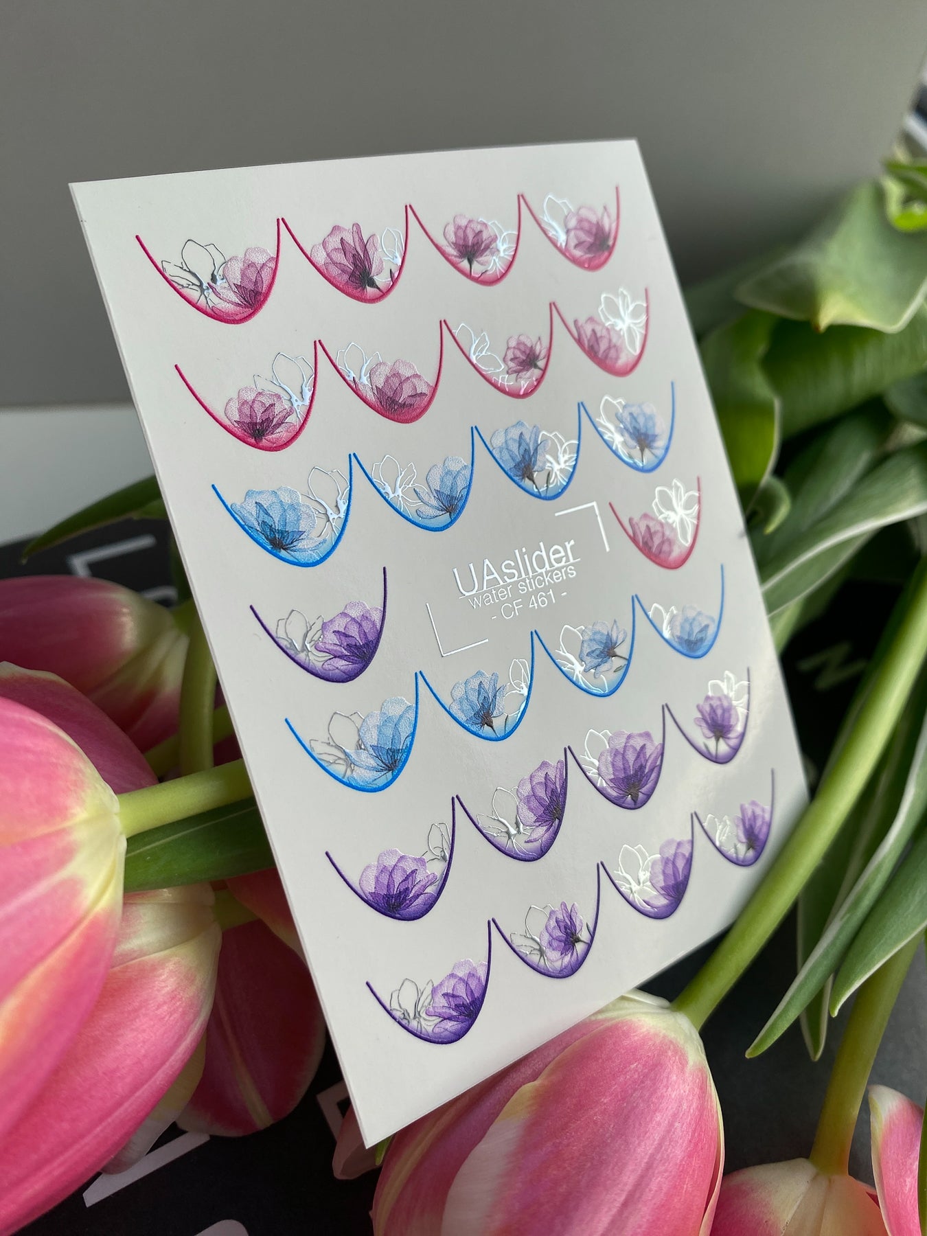 Nail Water Decal CF-461 | French Water Slide Nail Decals | Pink, Blue & Purple Floral French Tips