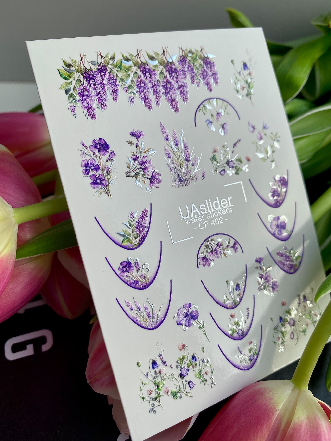 Nail Water Decal CF-462 | Floral Water Slide Nail Decals | Lavender, Wisteria & Purple French Tips