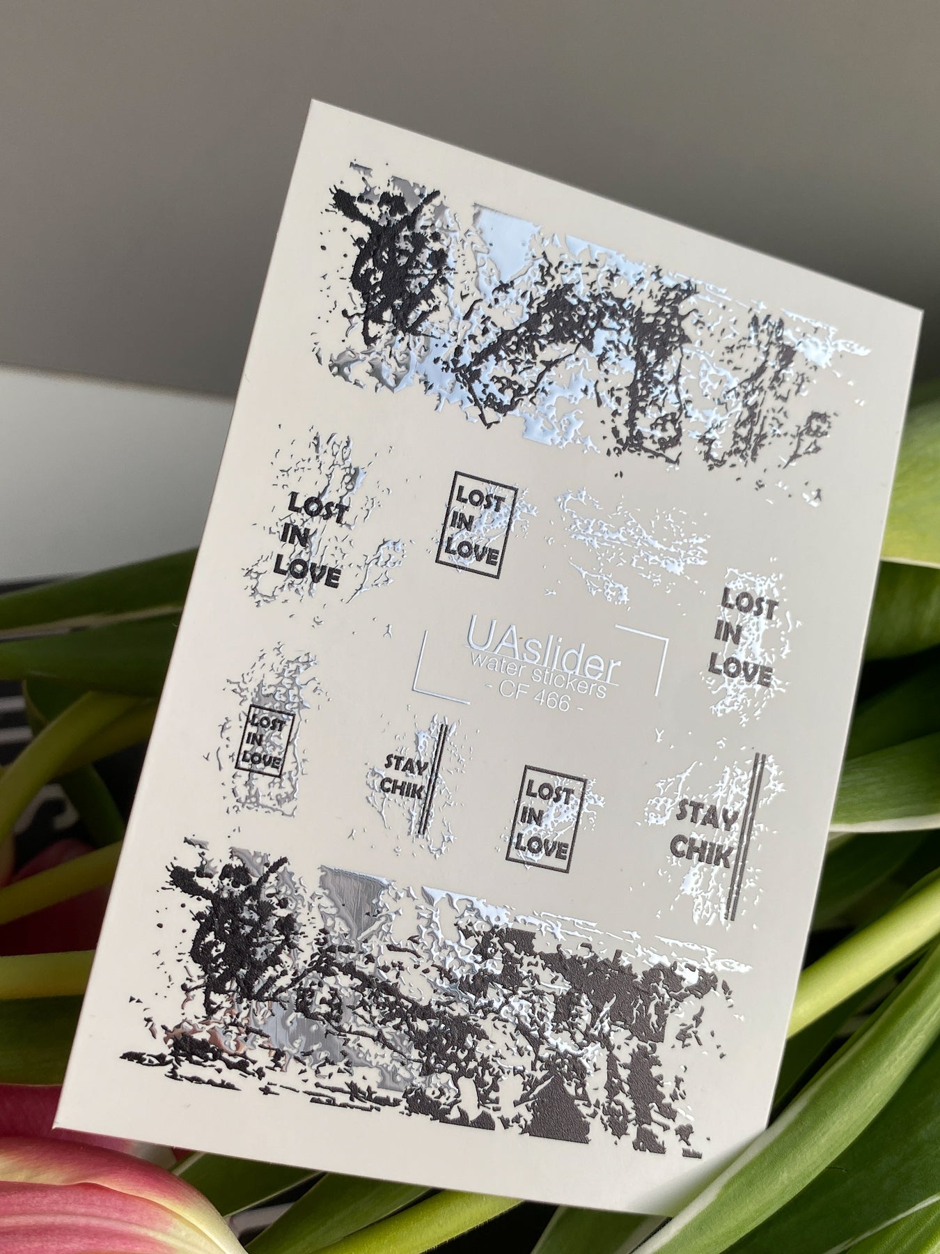 Nail Water Decal CF-466 | Abstract Water Slide Nail Decals | Black & Silver Foil with Quotes