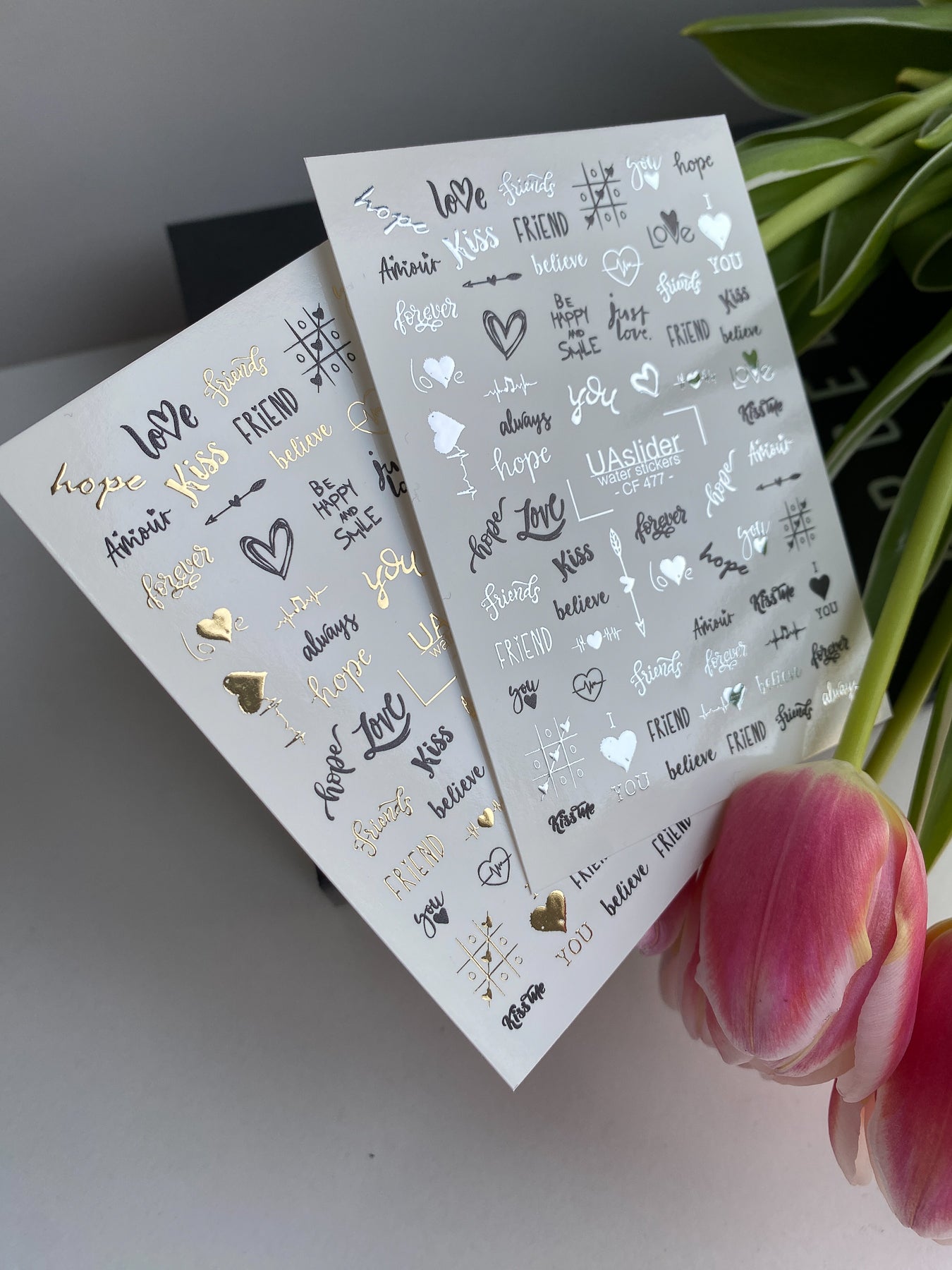 Nail Water Decal CF-470 | Love & Friendship Nail Decals | Black & Gold Minimalist Lettering Stickers