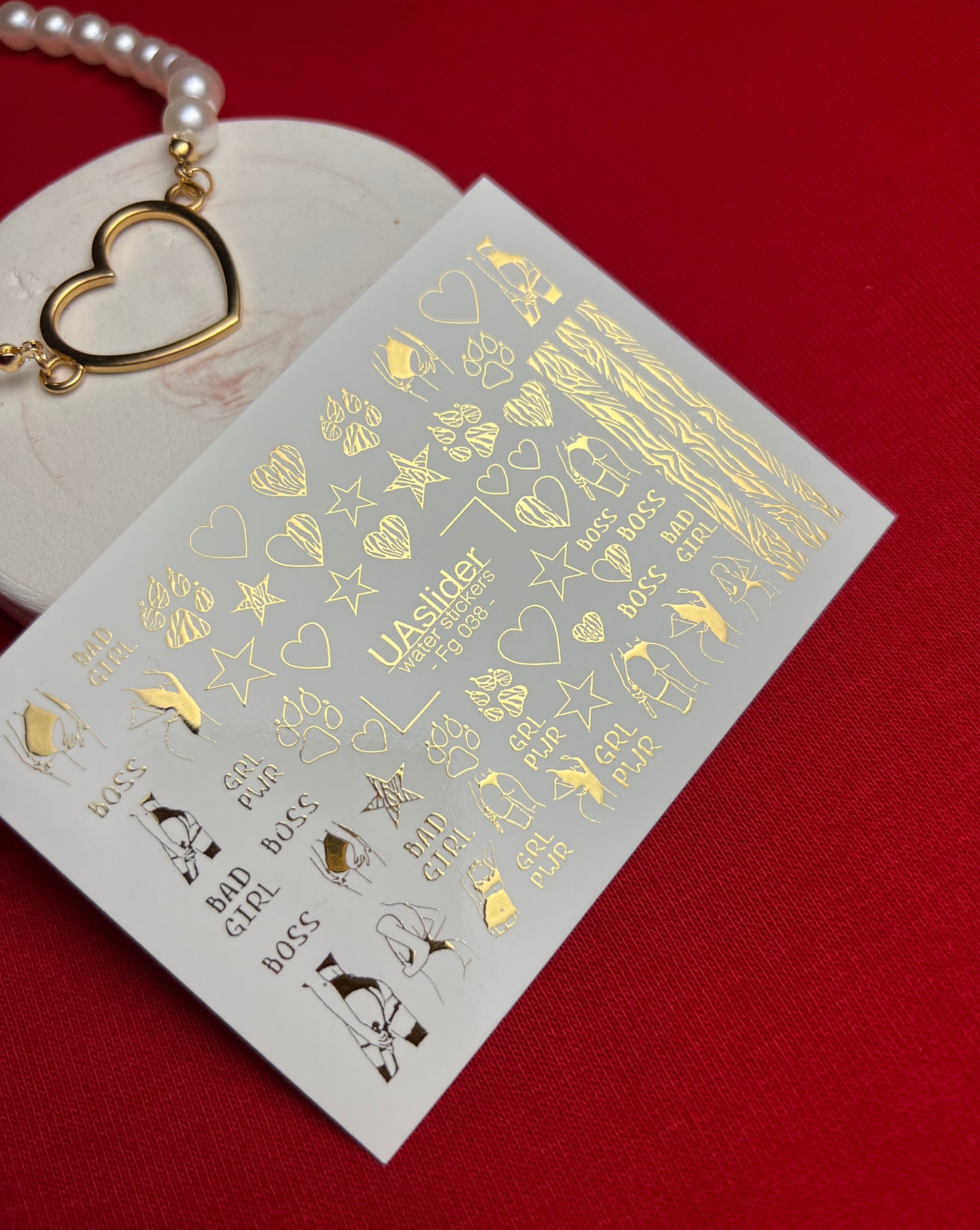 Nail Water Decal Fg-038 | Gold Water Slide Nail Decals with Boss & Girl Power Motifs | Bold Feminine Nail Art