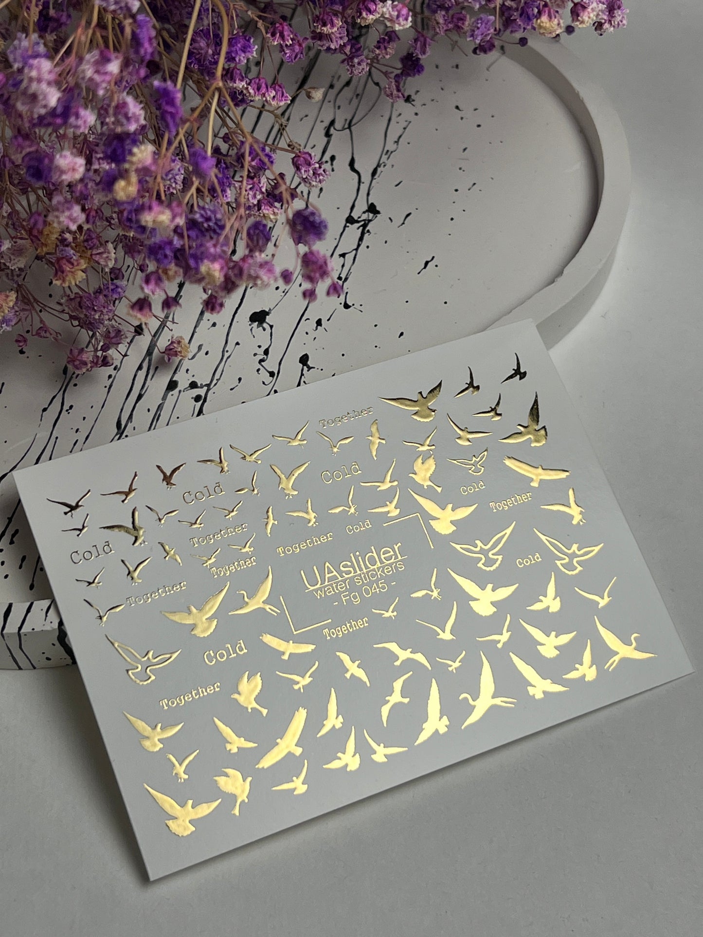 Nail Water Decal Fg-045 | Water Slide Nail Decals Birds | Gold Flying Birds and Minimalist Words