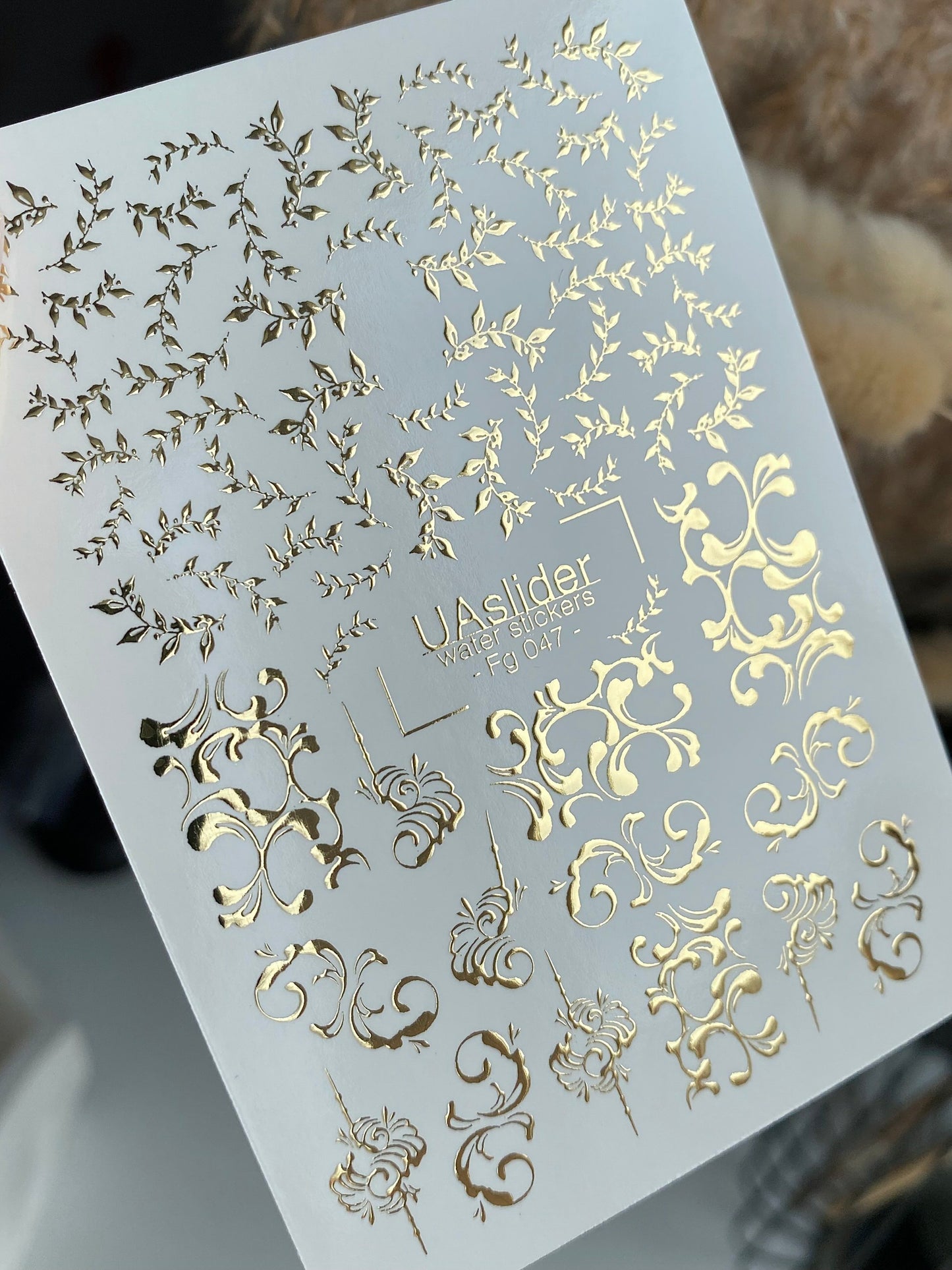 Nail Water Decal Fg-047 | Water Slide Nail Decals Golden Vines | Ornamental Leaves and Classic Swirls