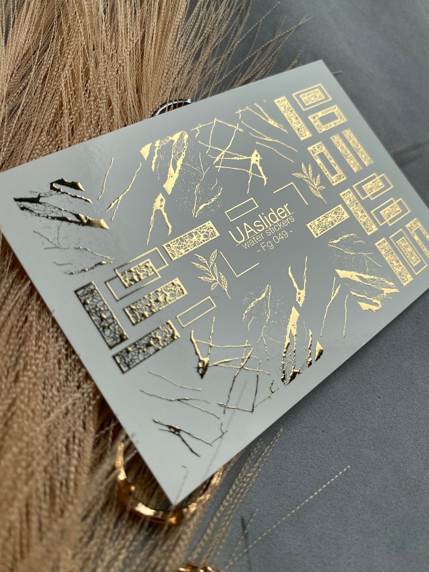 Nail Water Decal Fg-049 | Water Slide Nail Decals Geometric Gold | Rectangle Lace and Abstract Crack Design