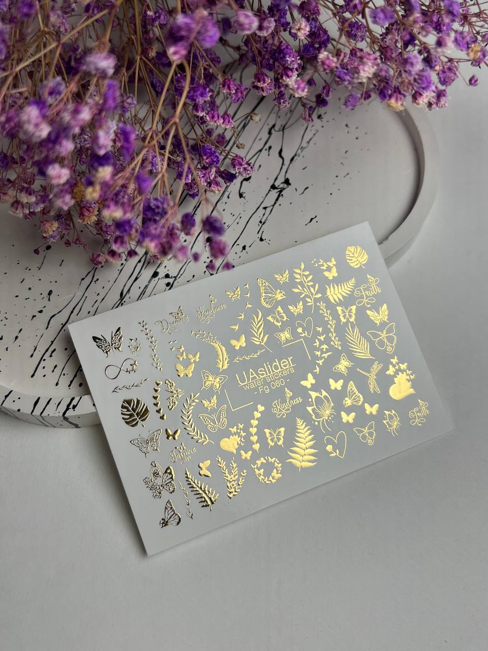 Nail Water Decal Fg-060 | Gold Foil Water Slide Nail Decals | Butterflies & Leaves