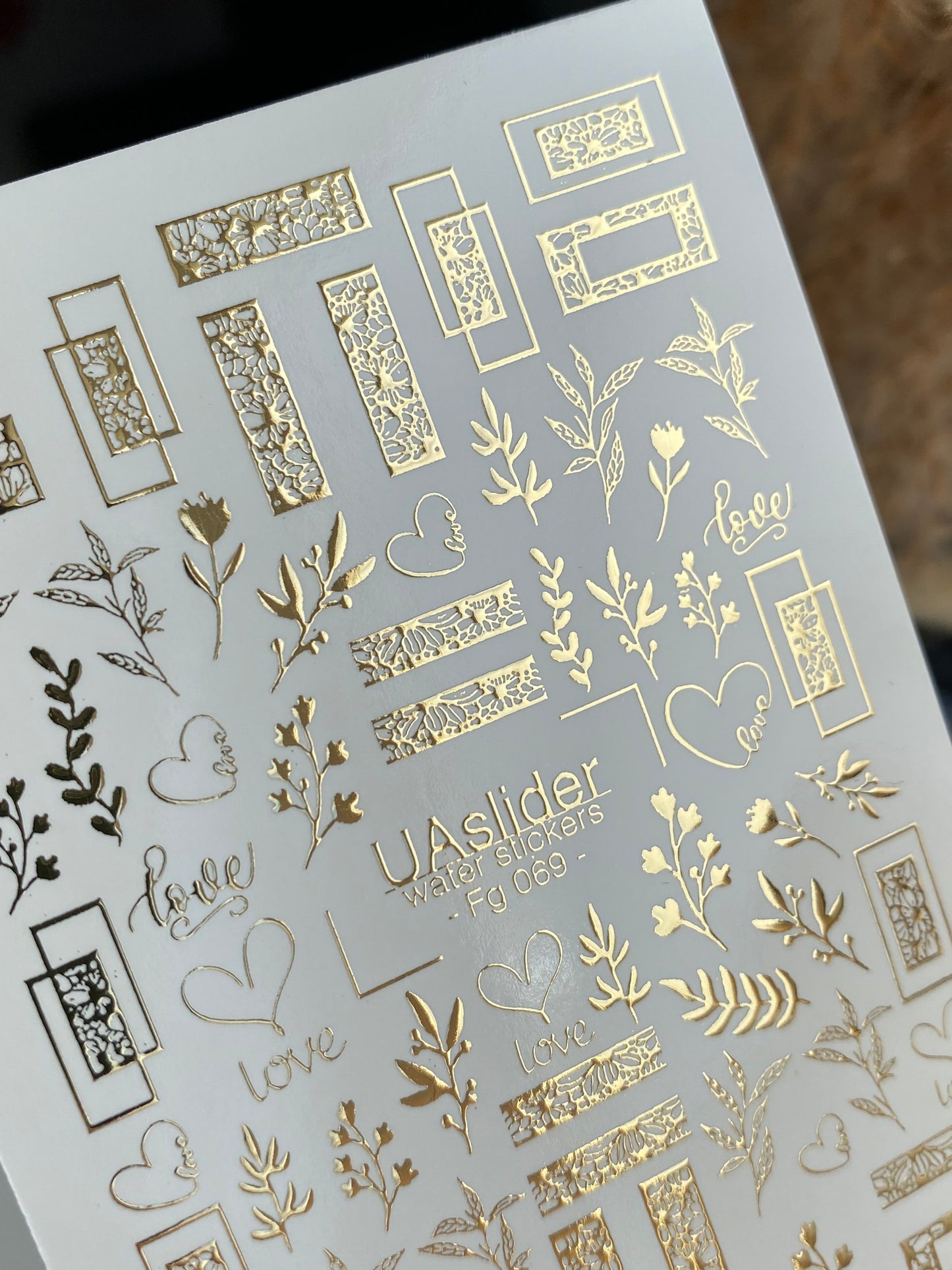 Nagel Wasserabziehbild Fg-069 | Goldfolie Wasserabzieh-Nagelbilder | Florale Rahmen & Liebesmotive