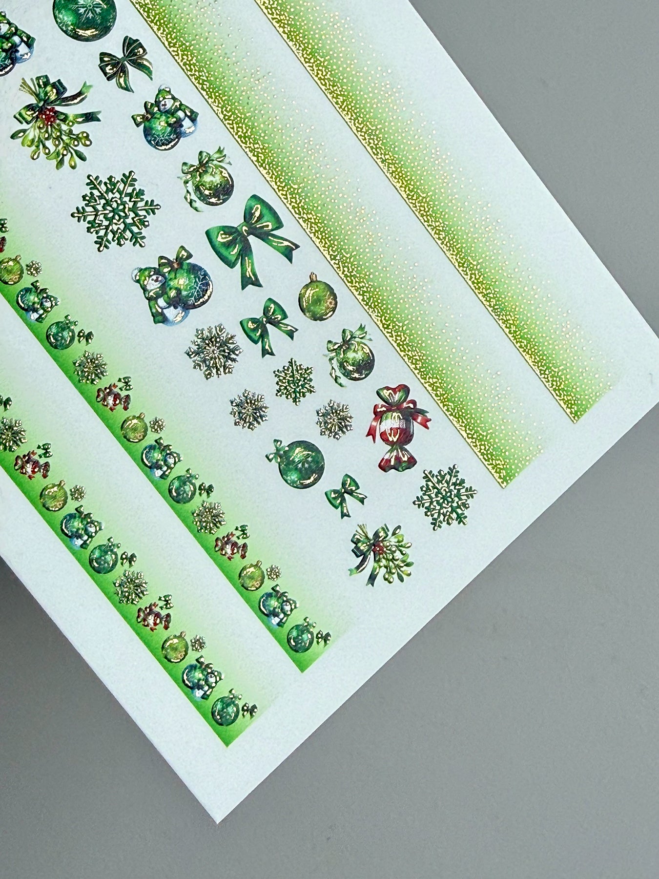 Nail Water Decal CF-741 | Water Slide Nail Decals | Green Christmas Ornaments & Snowflake Stripes